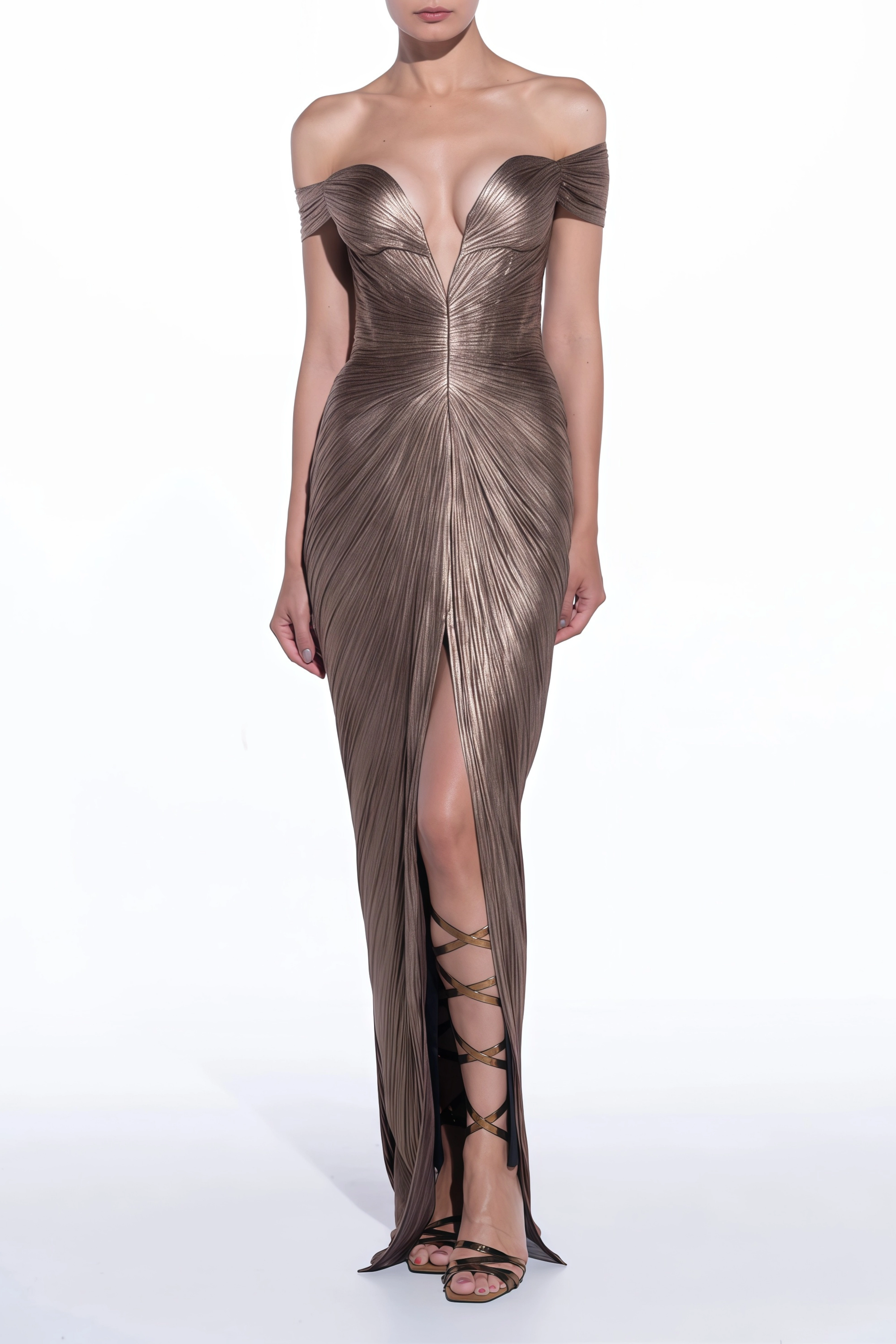 Pérola Bronze Gold Metallic Off Shoulder Maxi Dress