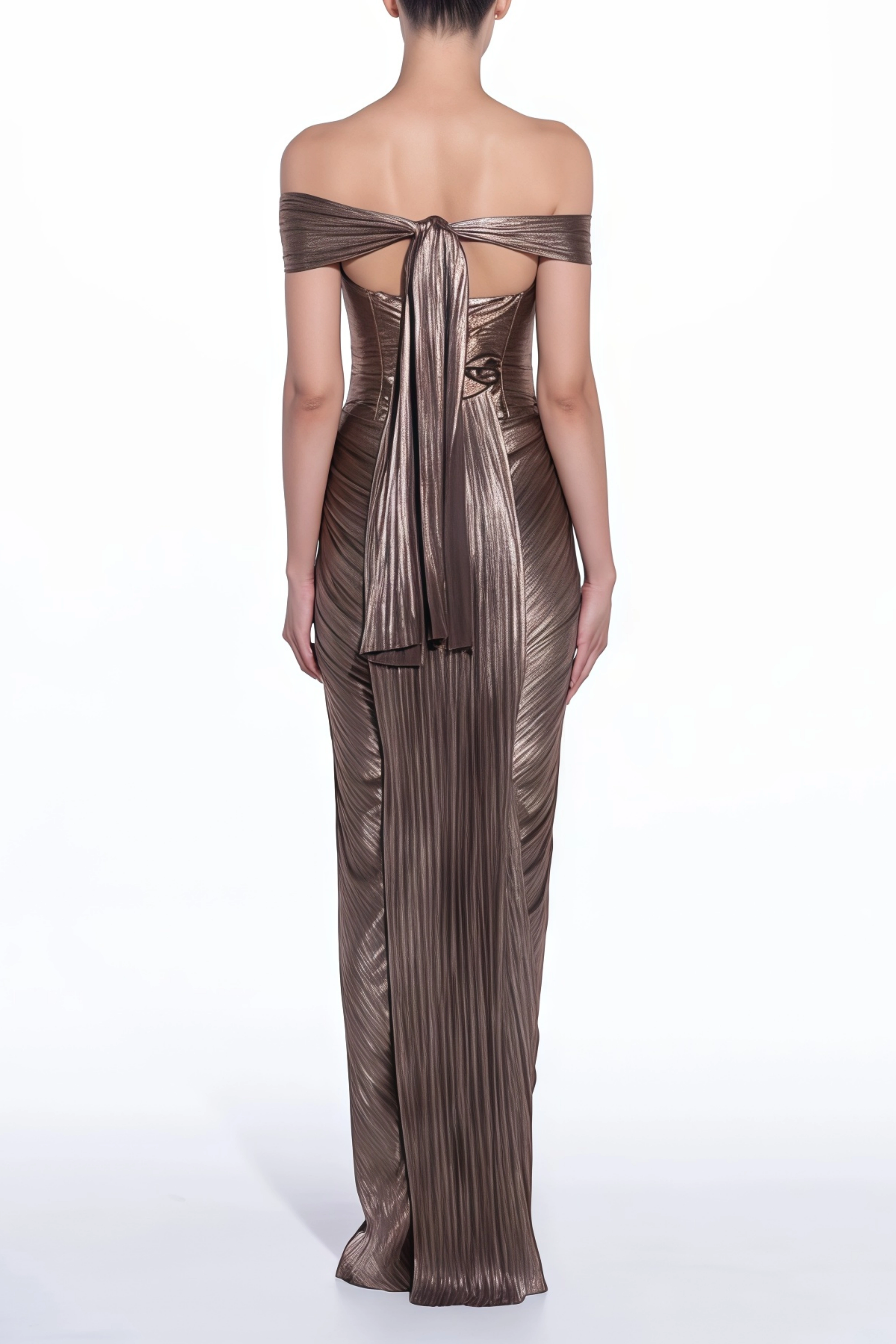Pérola Bronze Gold Metallic Off Shoulder Maxi Dress