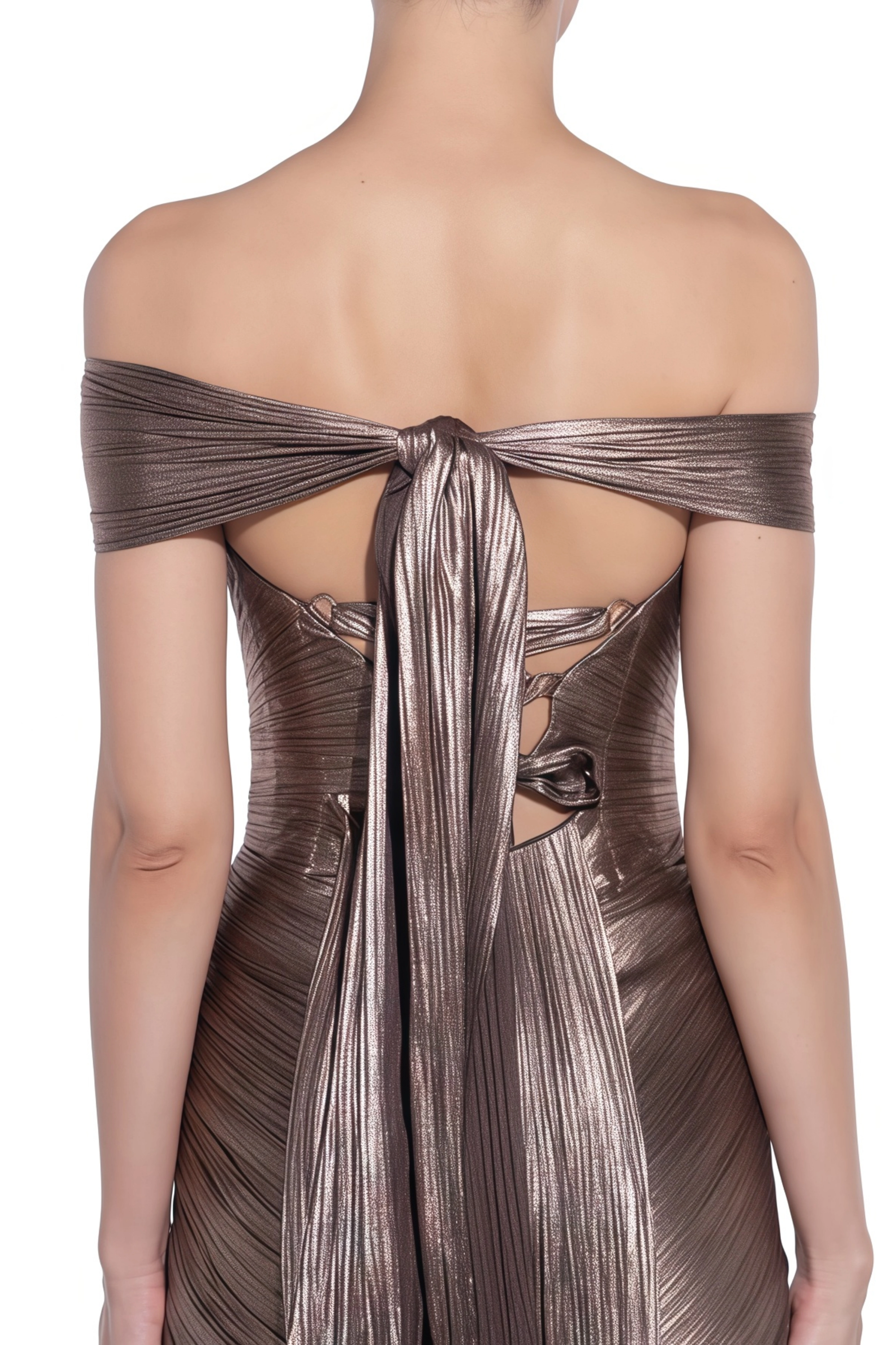 Pérola Bronze Gold Metallic Off Shoulder Maxi Dress