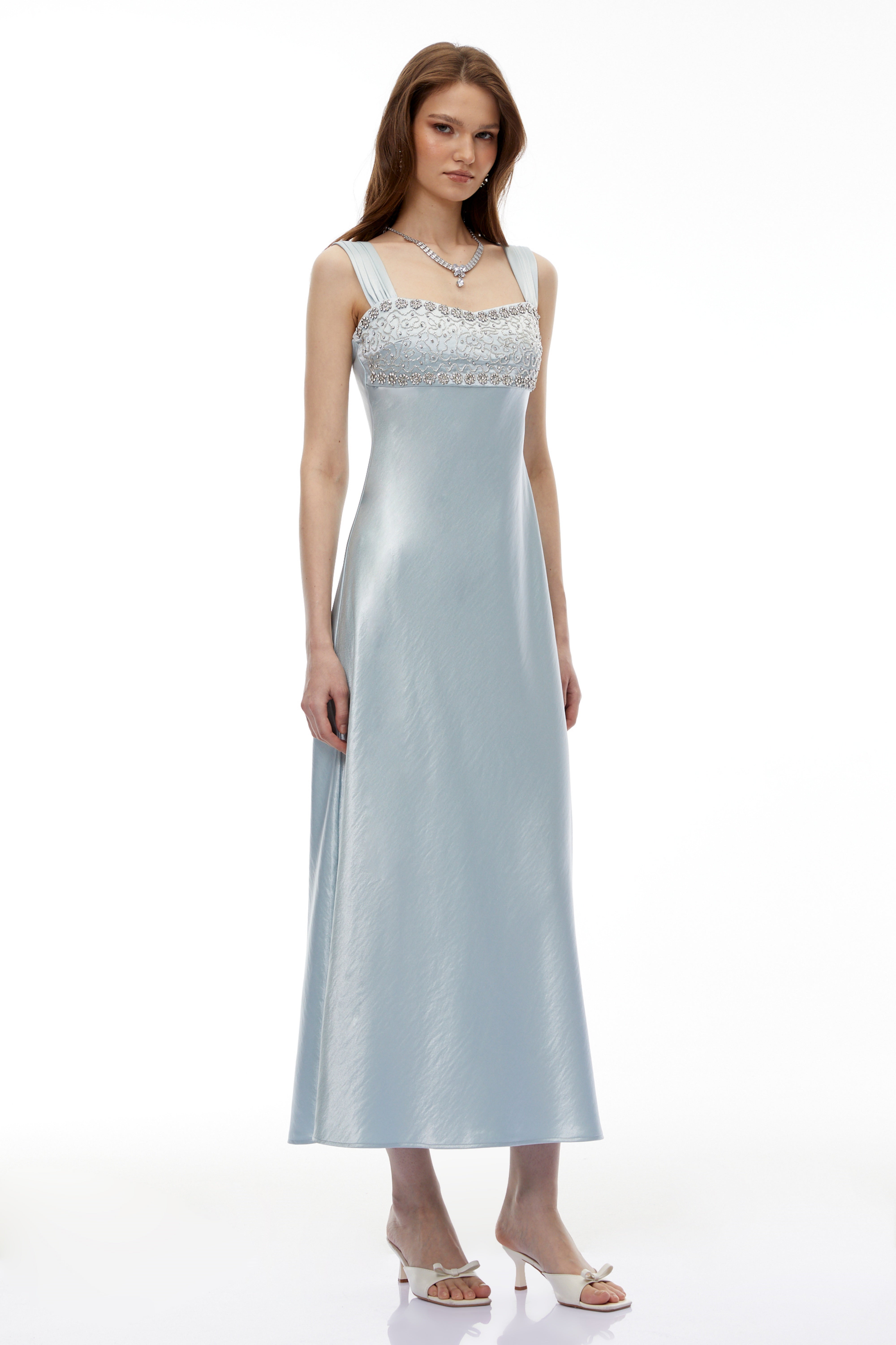 Perrine Cobalt Blue Embellished Satin Midi Dress