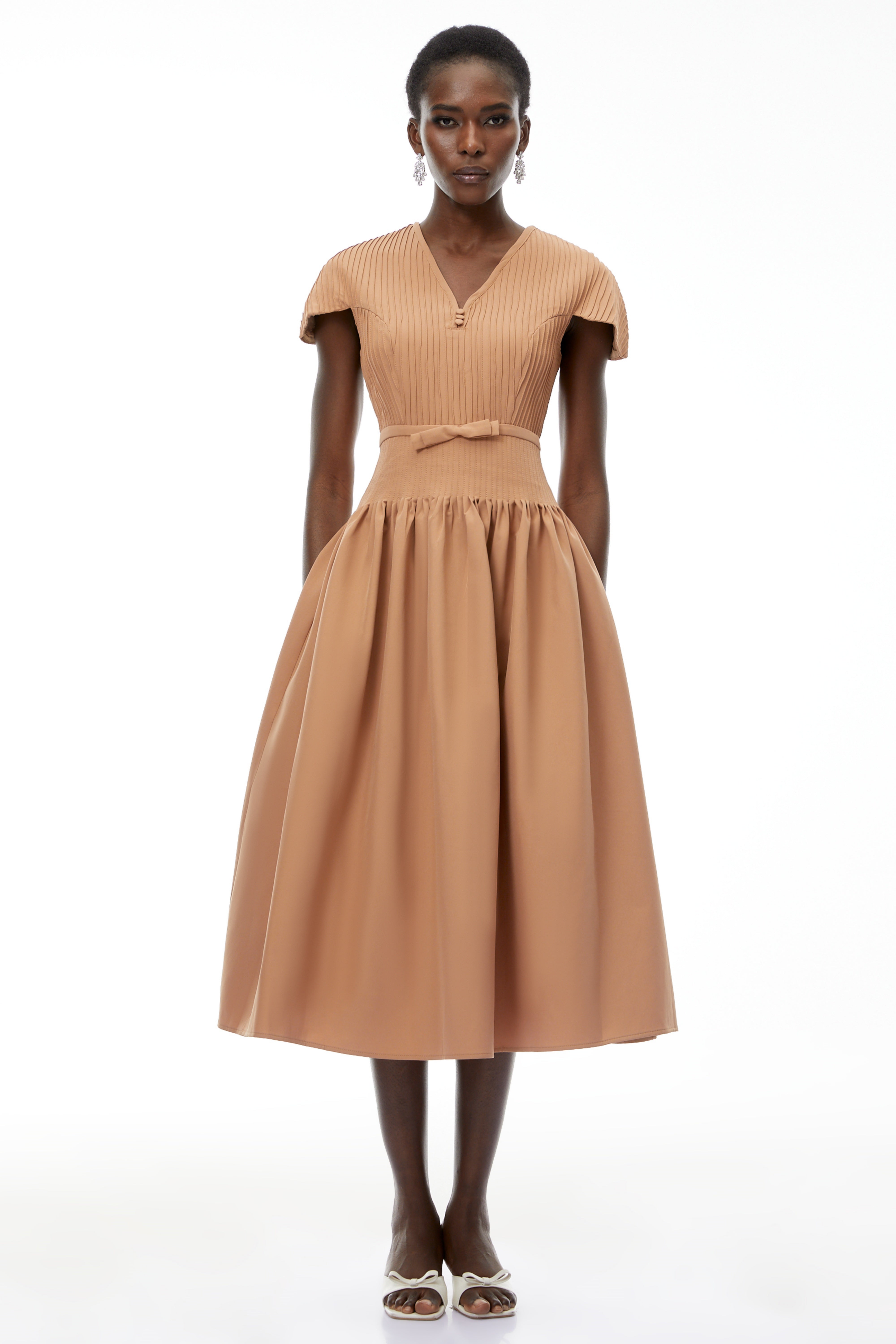 Phoebe Khaki Pleated Midi Dress with V-Neck