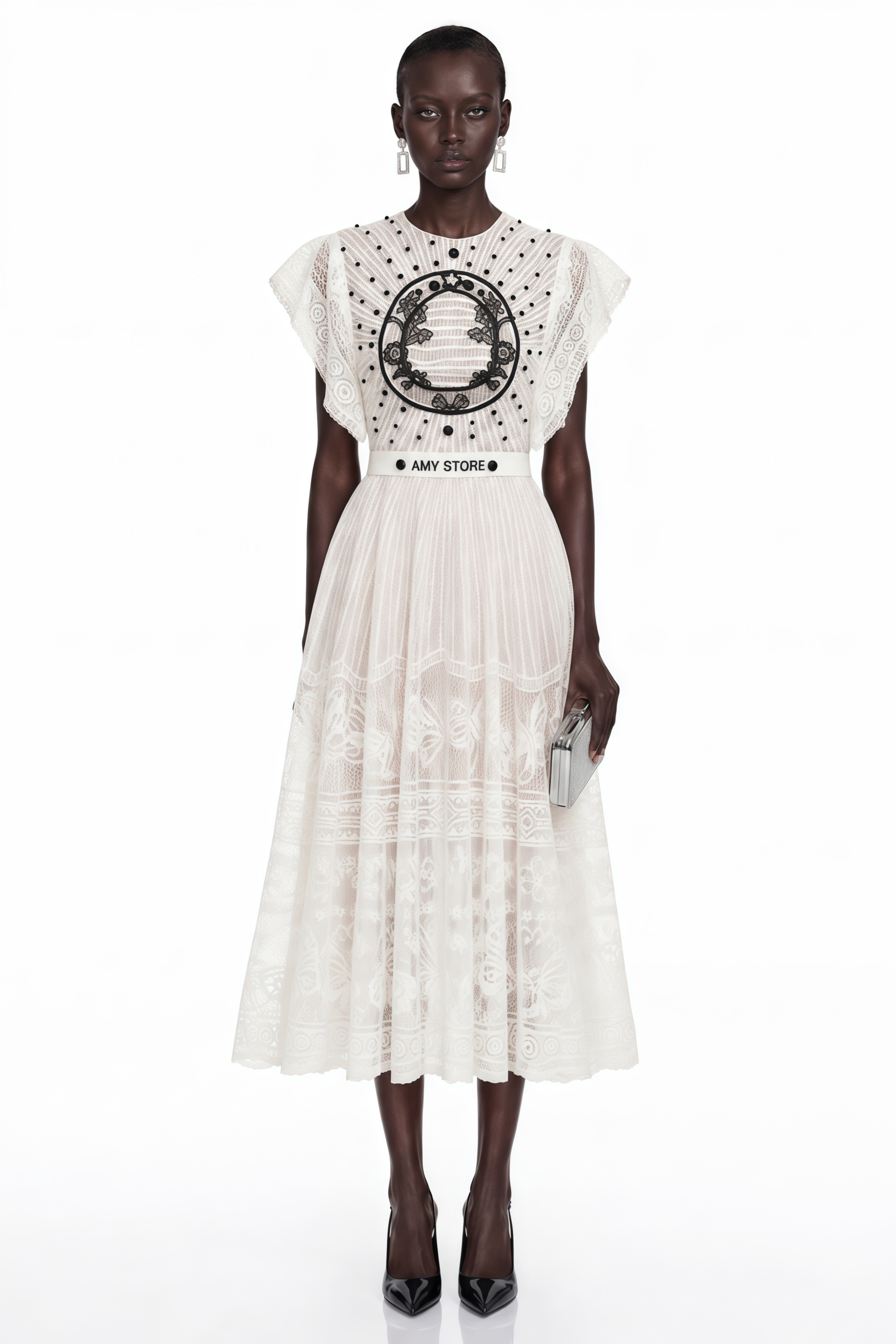 Phoebe White Jacquard Floral-lace Pleated Midi Dress