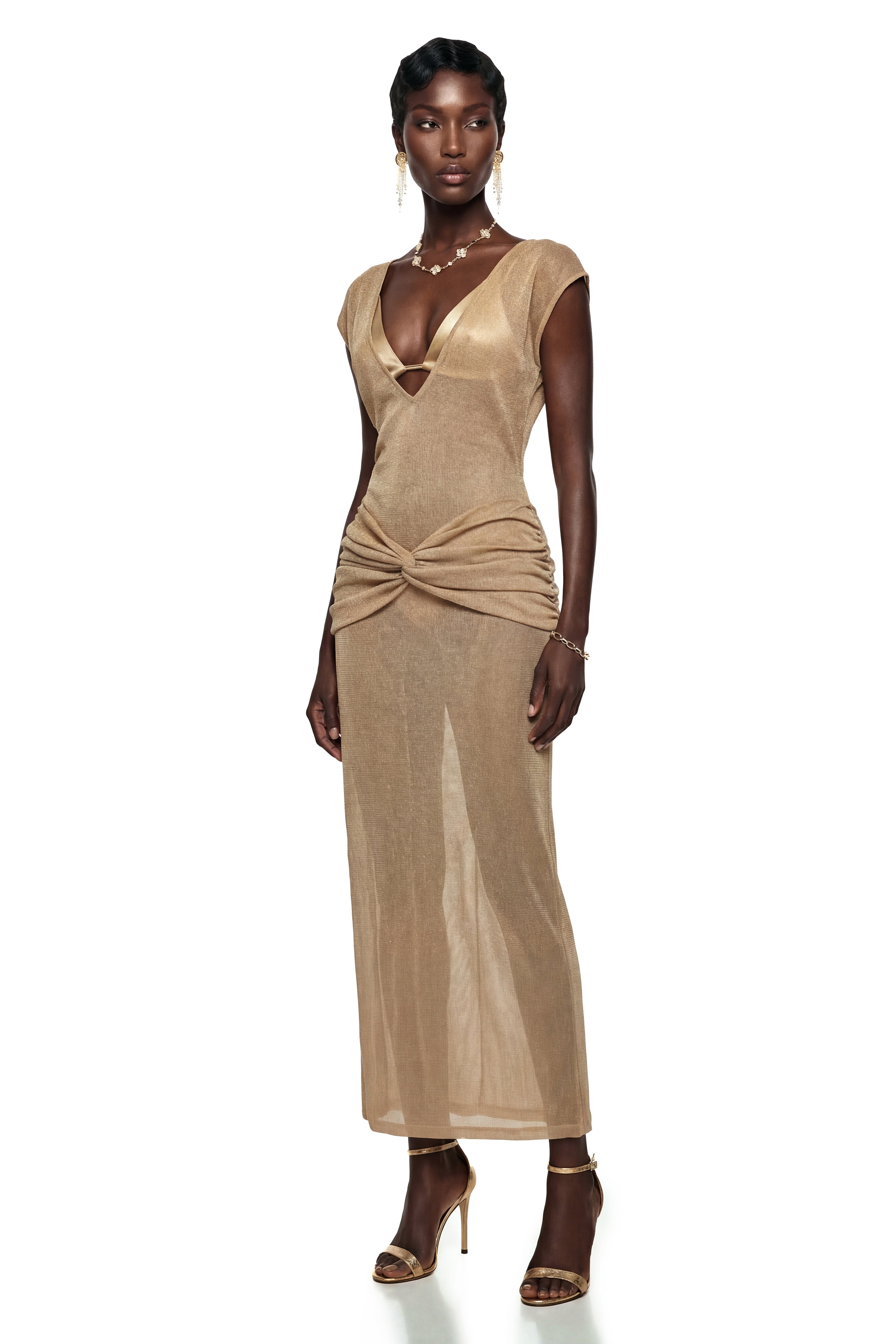 Pihla Gold Plunge Neck Glitter Maxi Dress