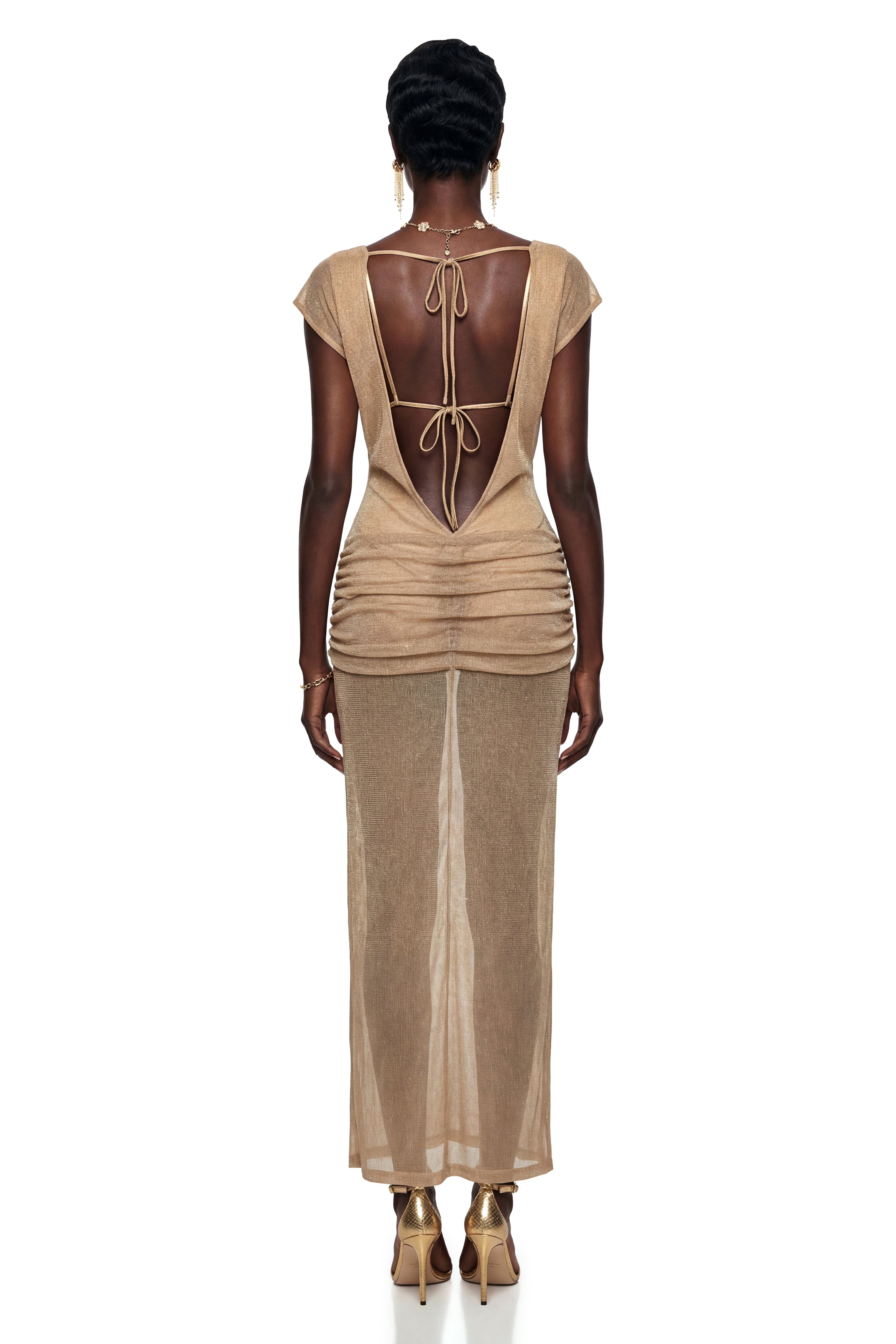 Pihla Gold Plunge Neck Glitter Maxi Dress