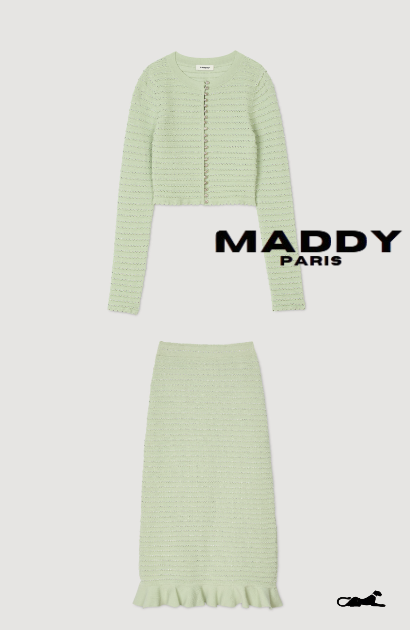 SANDRO SERAPHINA RHINESTONE FANCY KNIT CARDIGAN & MAXI SKIRT SET –  MINT GREEN