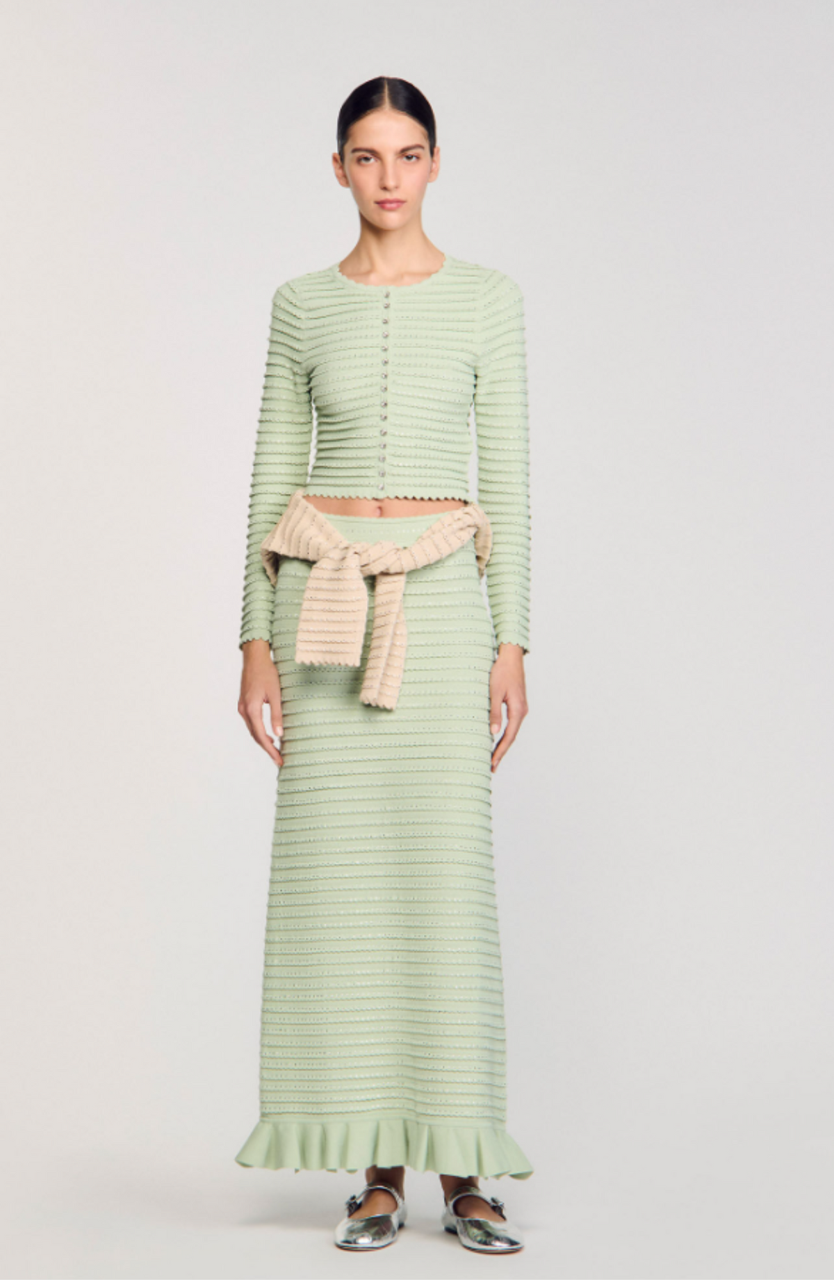 SANDRO SERAPHINA RHINESTONE FANCY KNIT CARDIGAN & MAXI SKIRT SET – MINT GREEN