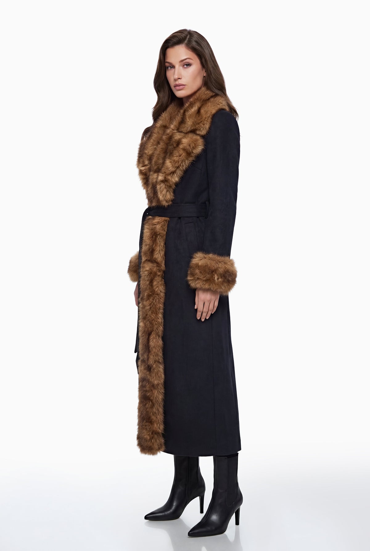 Pola Black Wool Blend Coat with Faux Fur Lapel