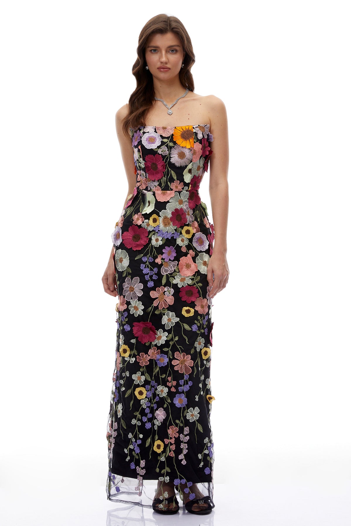 Poppy Black Strapless Maxi Dress with 3D Florals