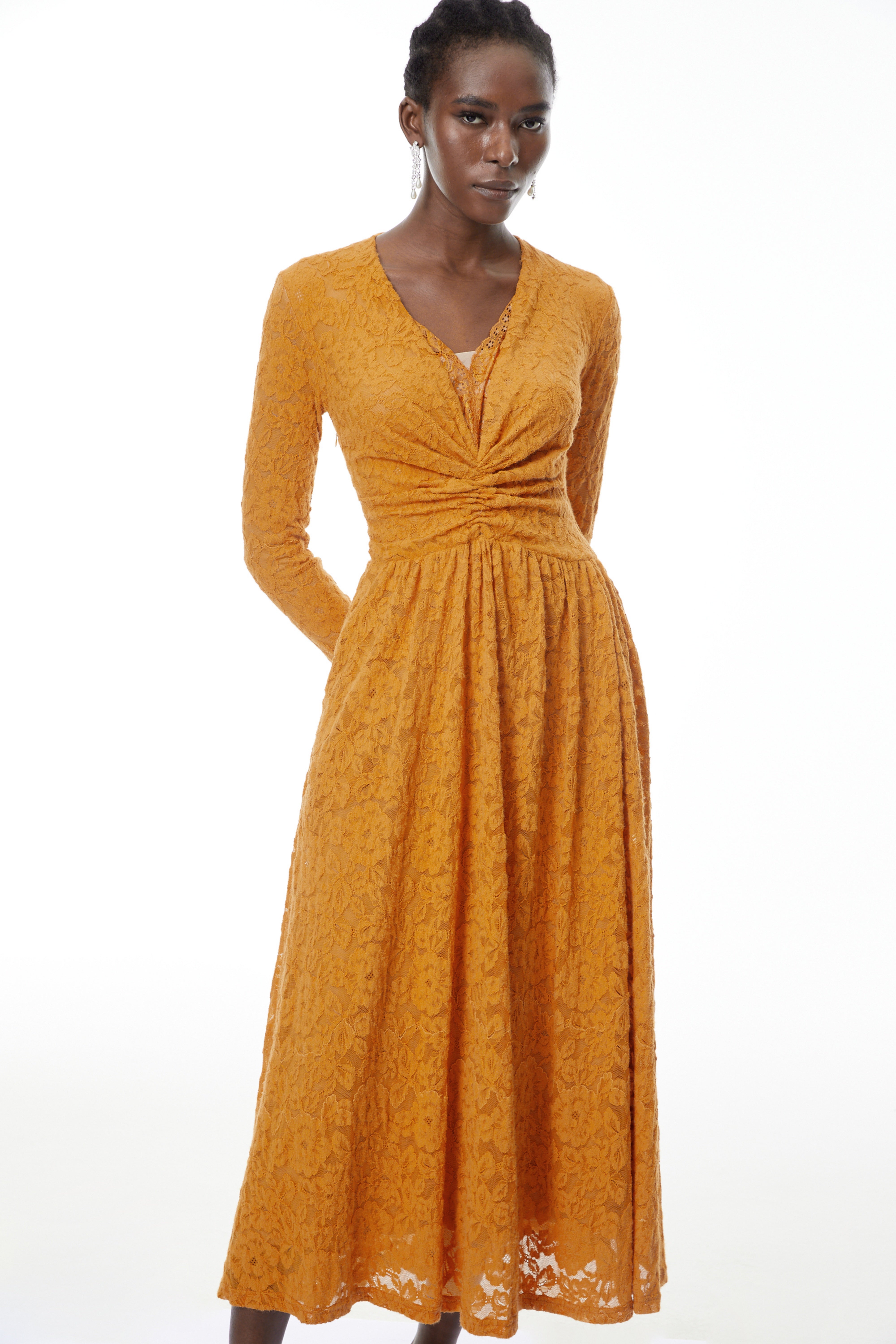 Posie Yellow Floral Lace Ruched Maxi Dress (Final Sale)