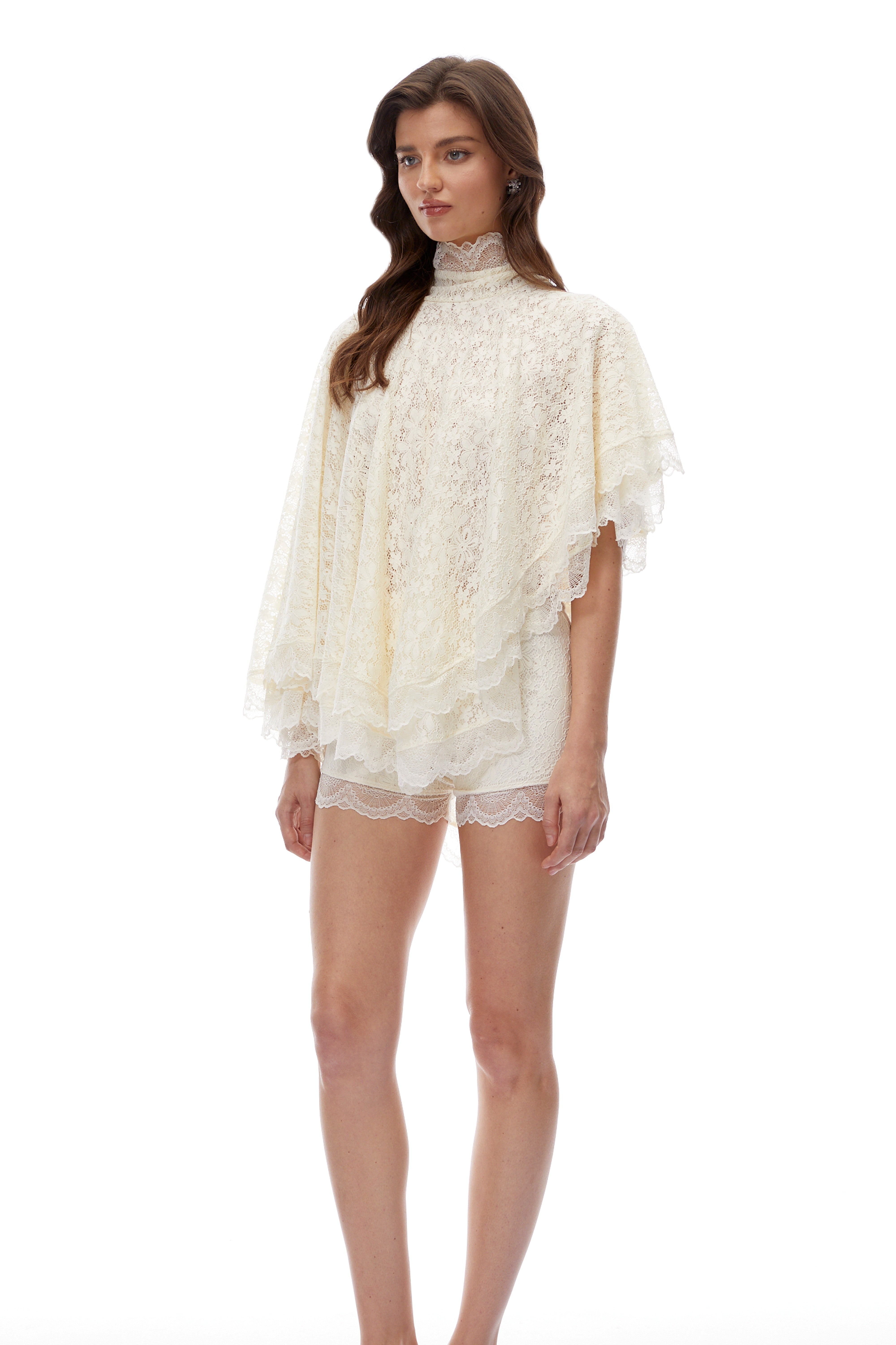 Priscilla White Turtleneck Lace Top & Shorts Set