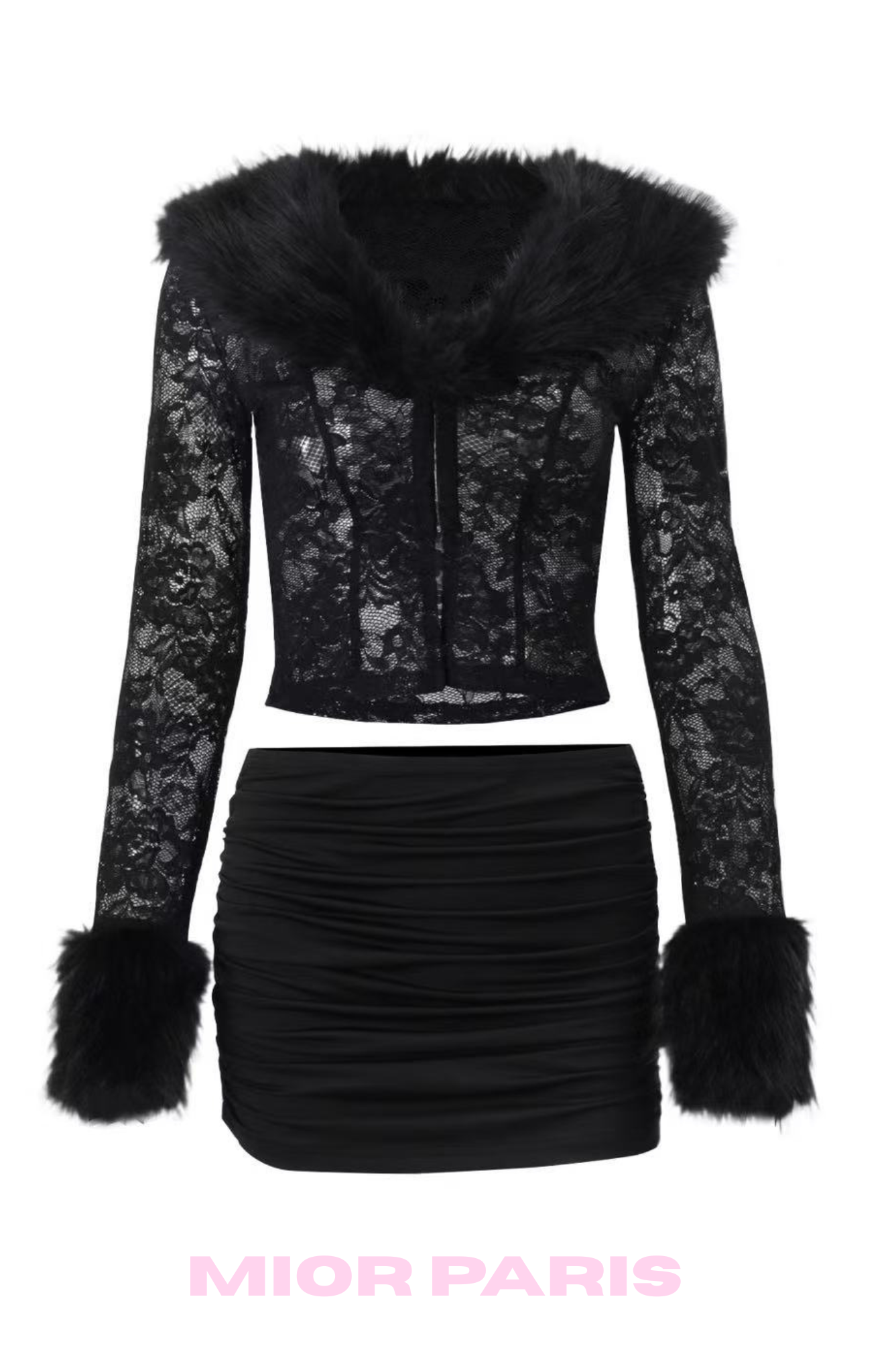 CELIA Faux Fur-Trim Lace Cardigan and skirt set in Jet Black