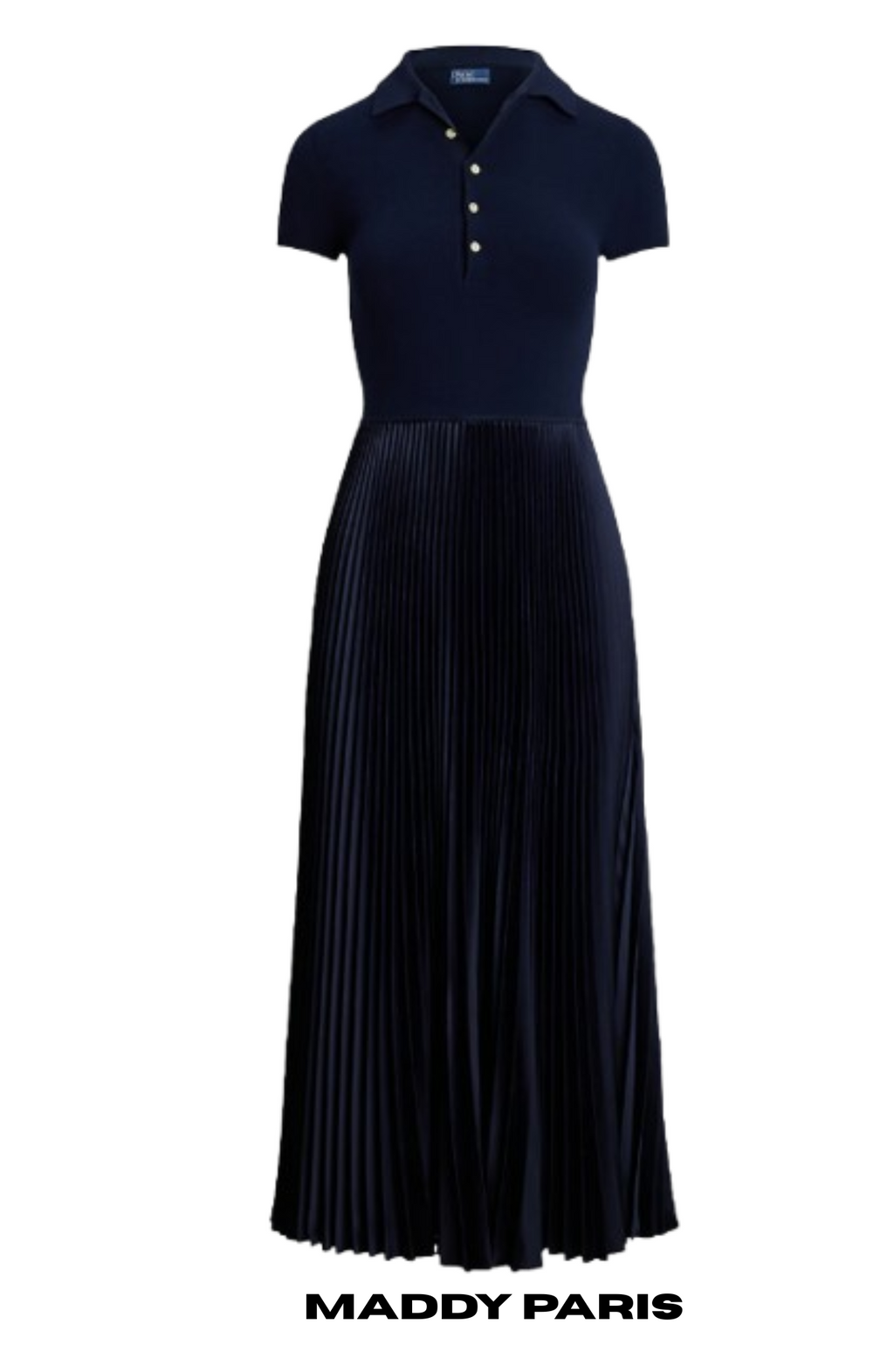 sandro house pleated midi dress SANDRO VICTOIRE SILK-WOOL POLO PLEATED KNIT MIDI DRESS – Dark Blue