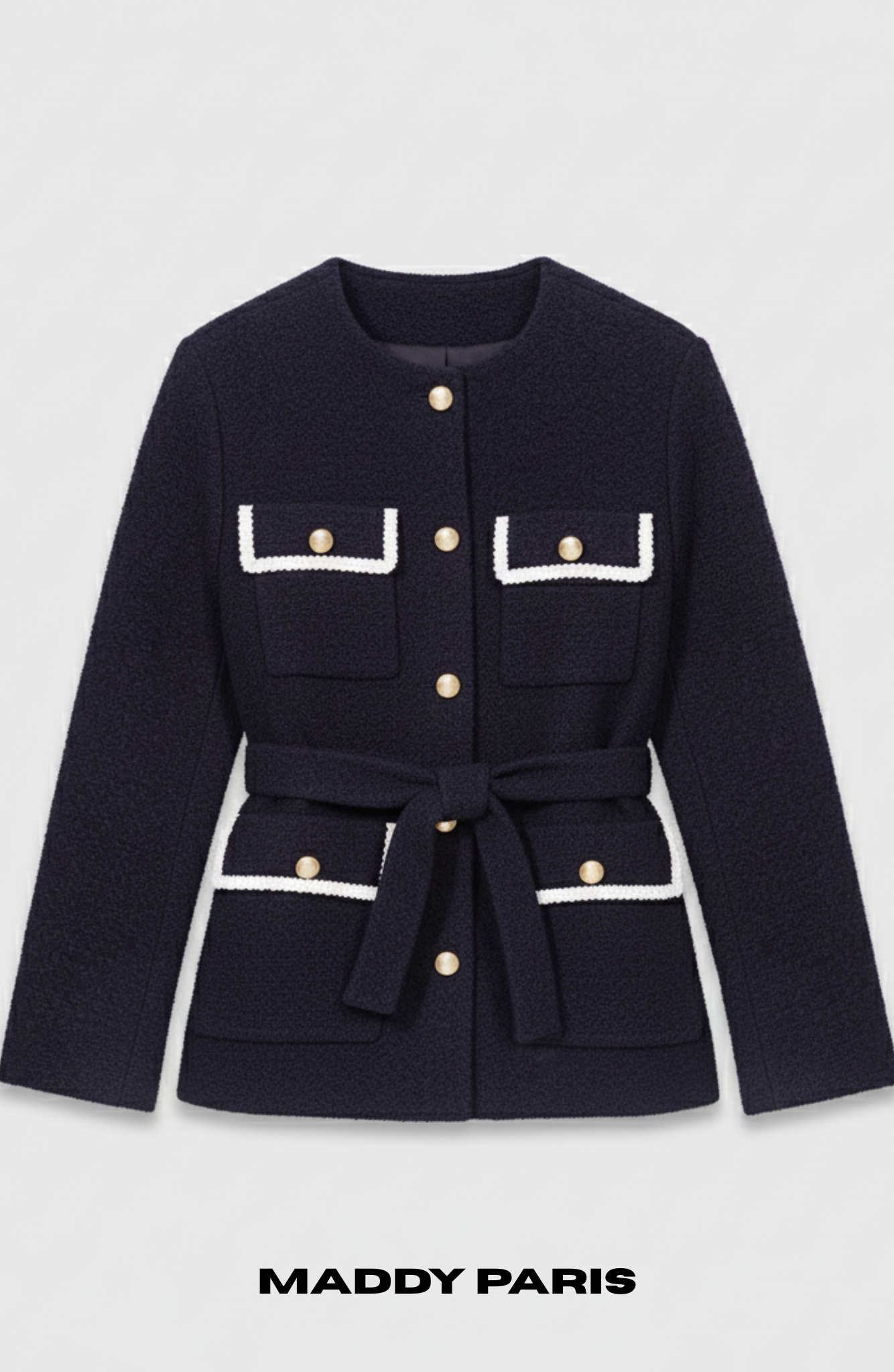 MADDY ARIA 4-POCKET NAVY CROPPED TWEED JACKET WITH GOLD BUTTONS - NAVY