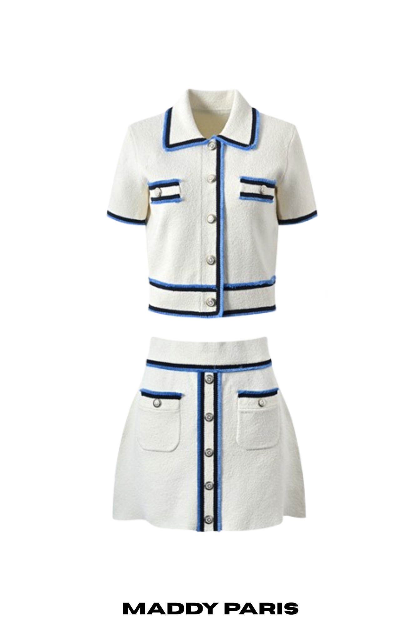 Sandro Contrast Trim Textured Knit Top and Skirt Set - White