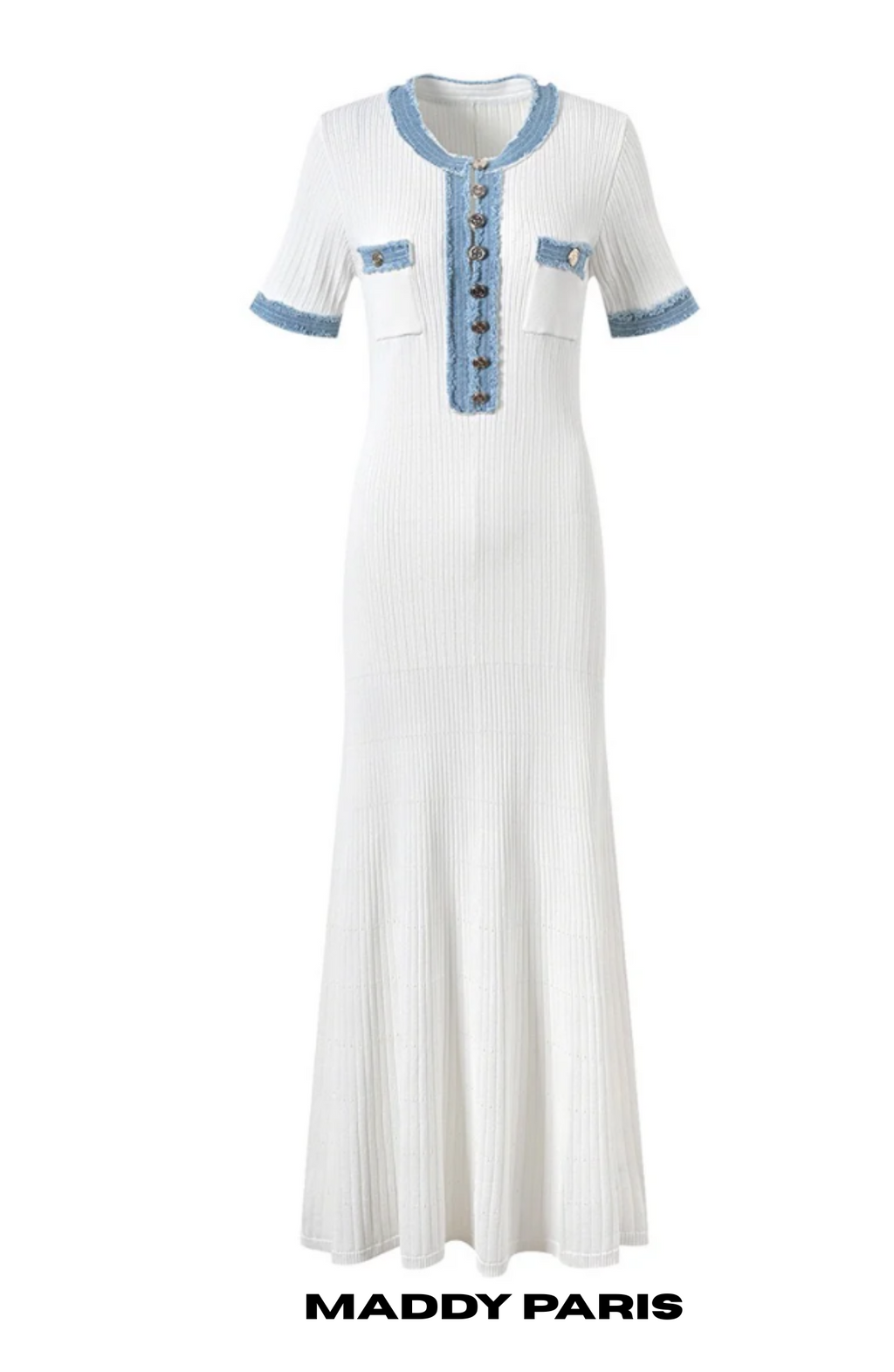 SANDRO DENIM-TRIM KNITTED MAXI DRESS
