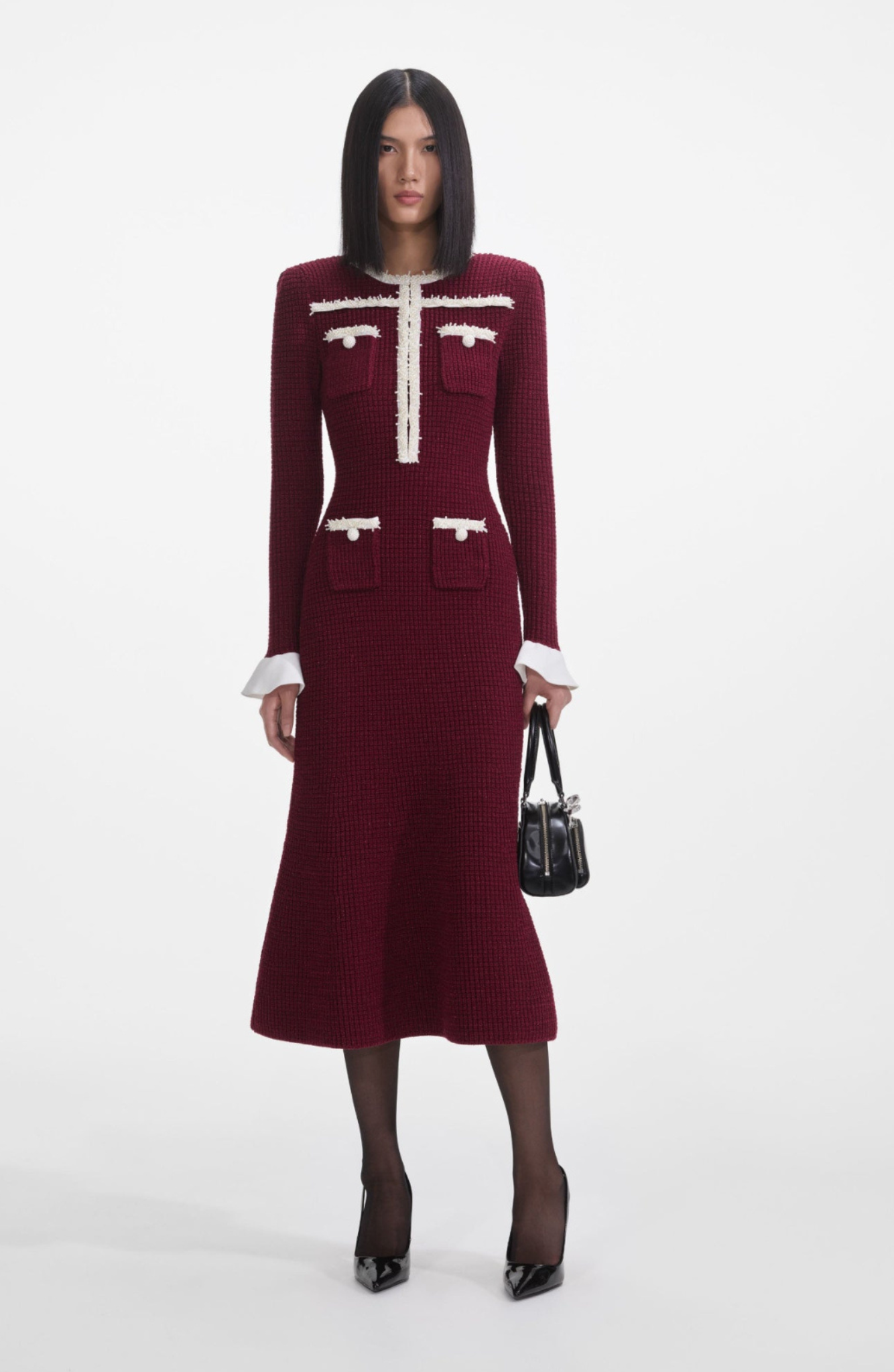 Burgundy Pearl Trim Knit Midi Dress