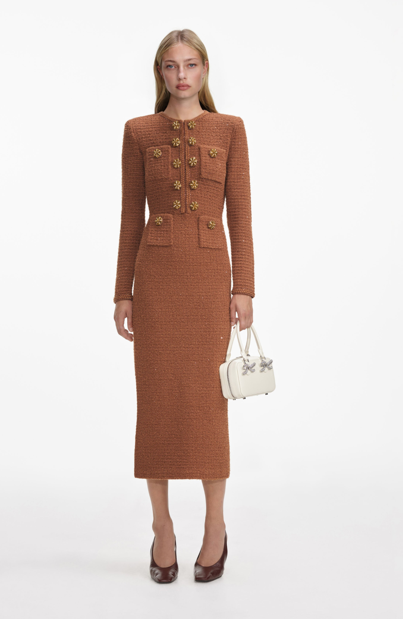 Brown Textured Knit Midi Dress