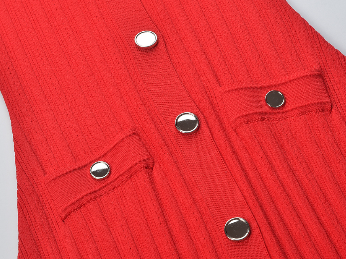 SANDRO VALERIE KNIT MIDI DRESS - RED & WHITE