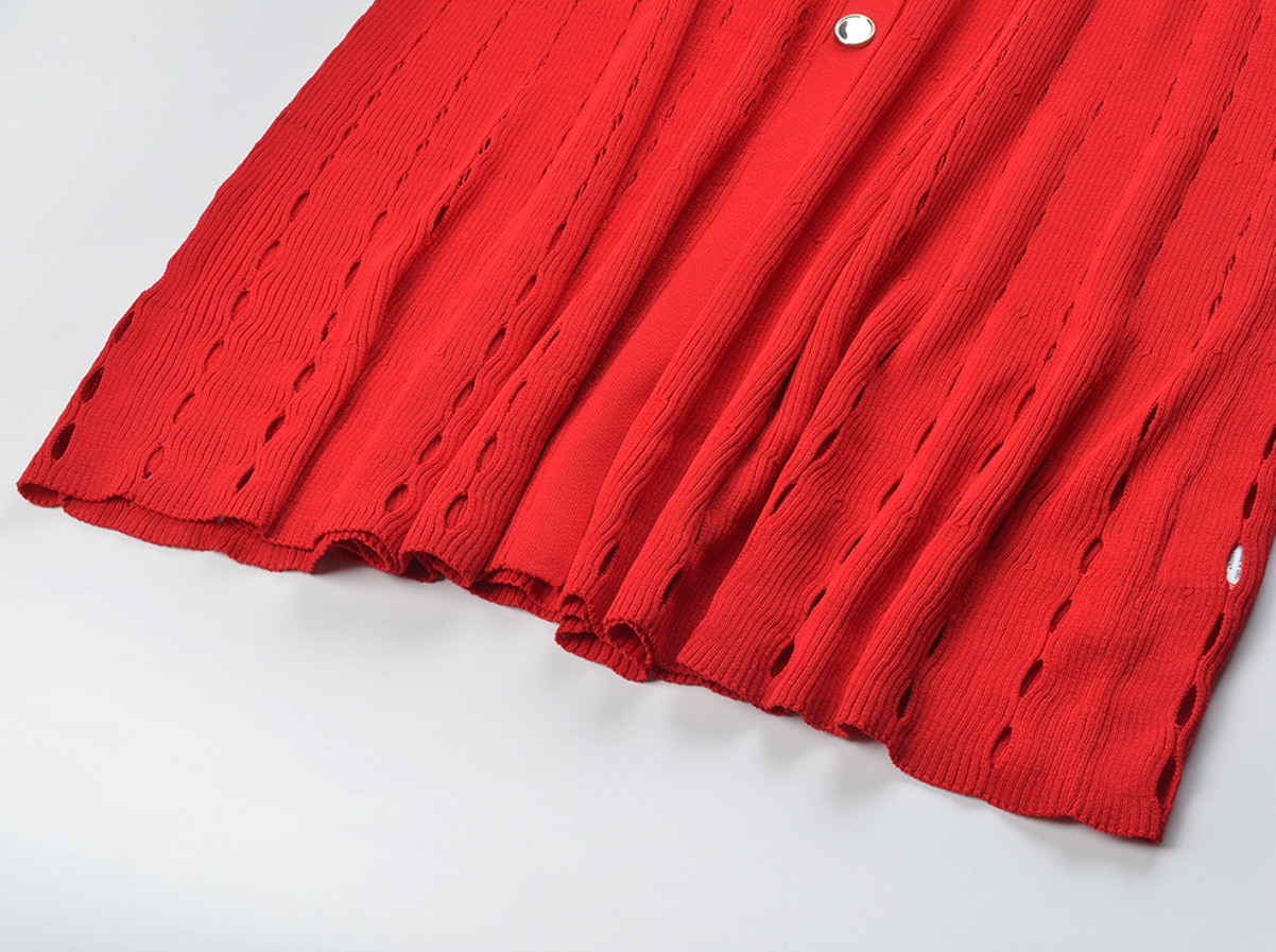 SANDRO VALERIE KNIT MIDI DRESS - RED & WHITE