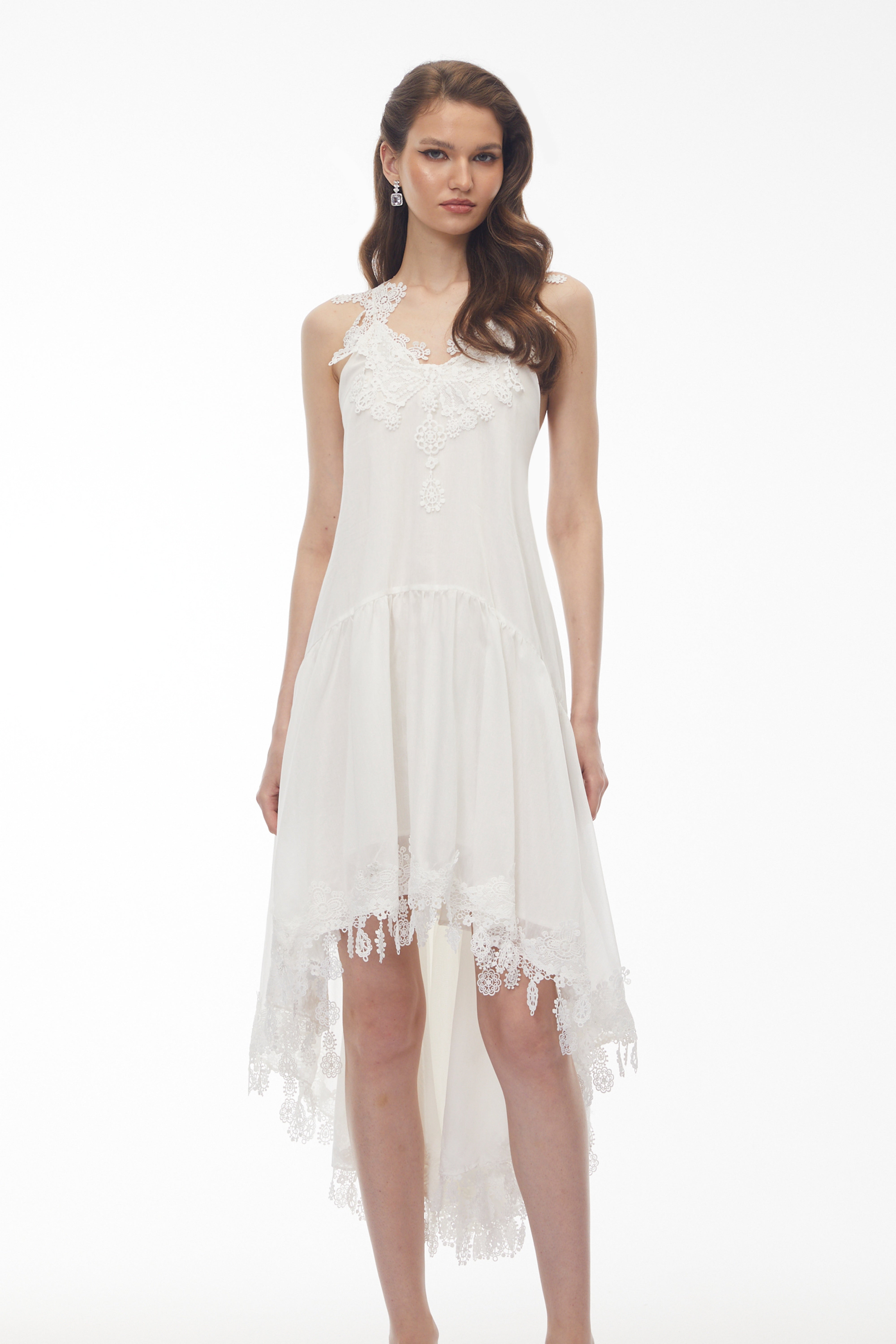Qadesh White Floral Lace Sleeveless Midi Dress
