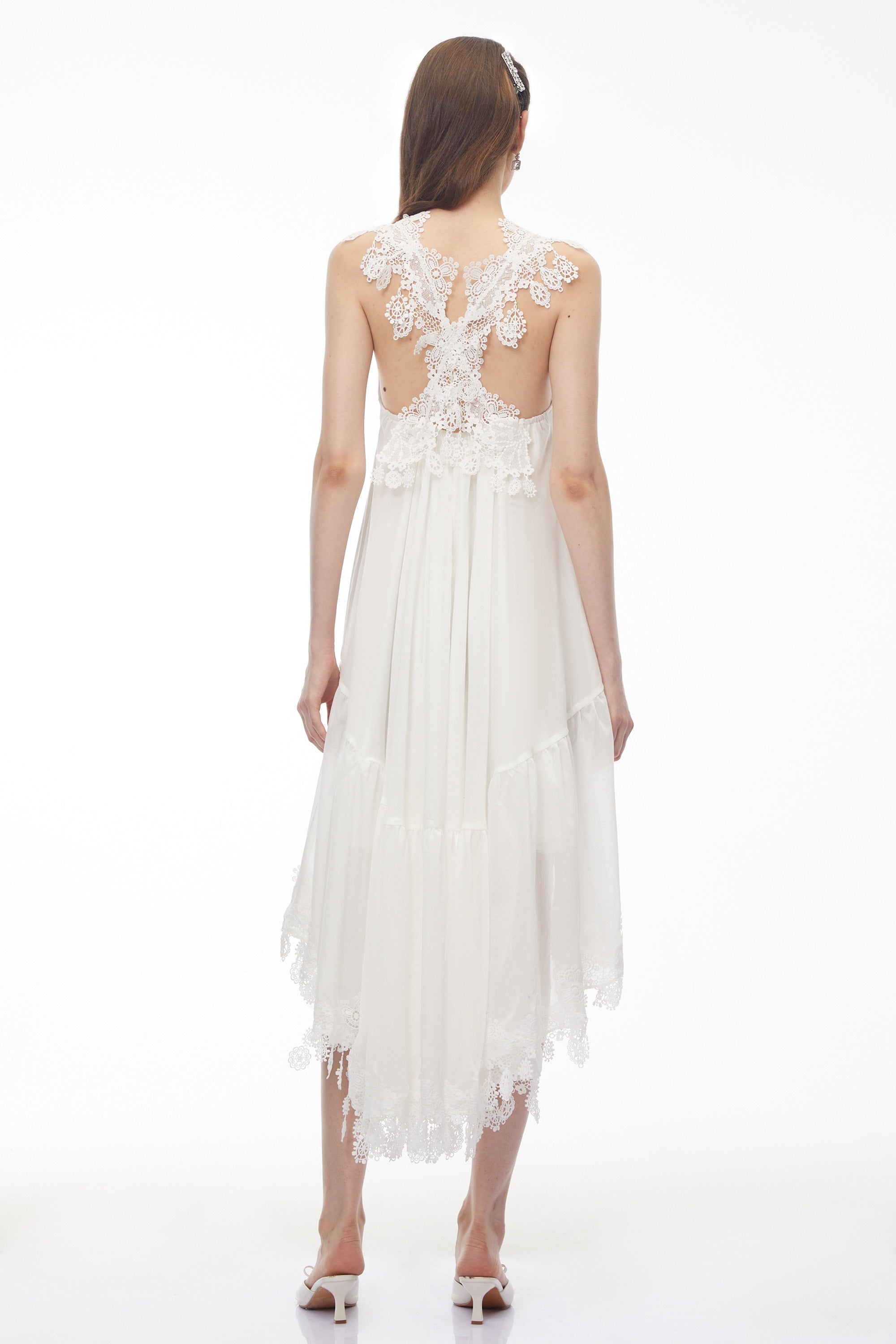 Qadesh White Floral Lace Sleeveless Midi Dress