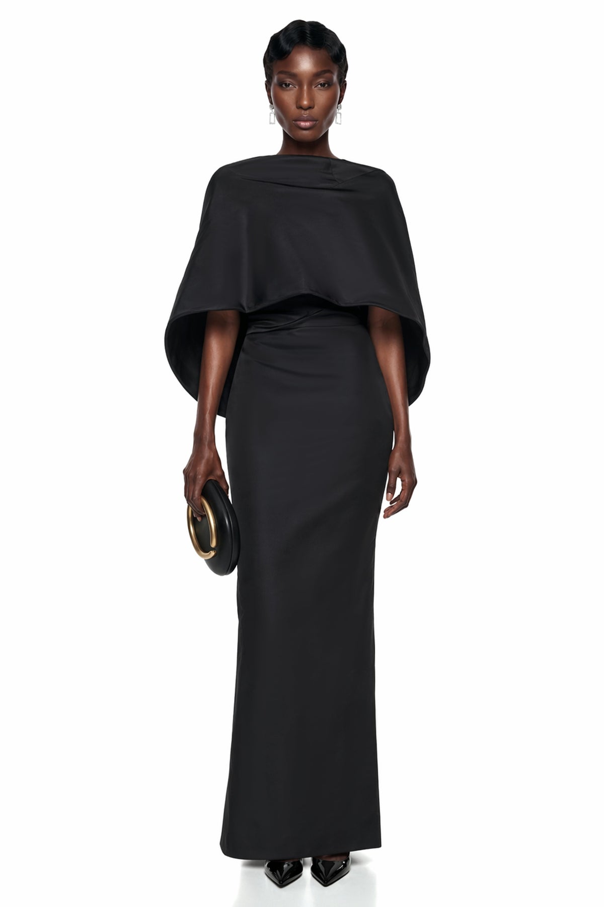 Querubina Black Draped Cape Ruched Maxi Dress