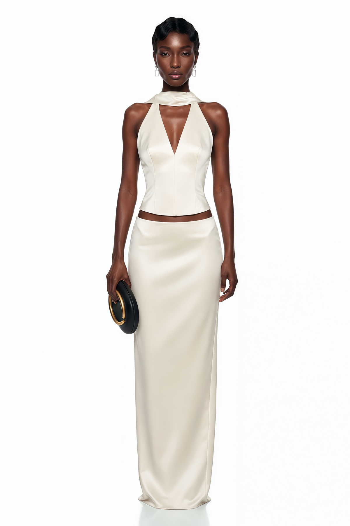 querubina ivory plunge neck satin top & skirt set