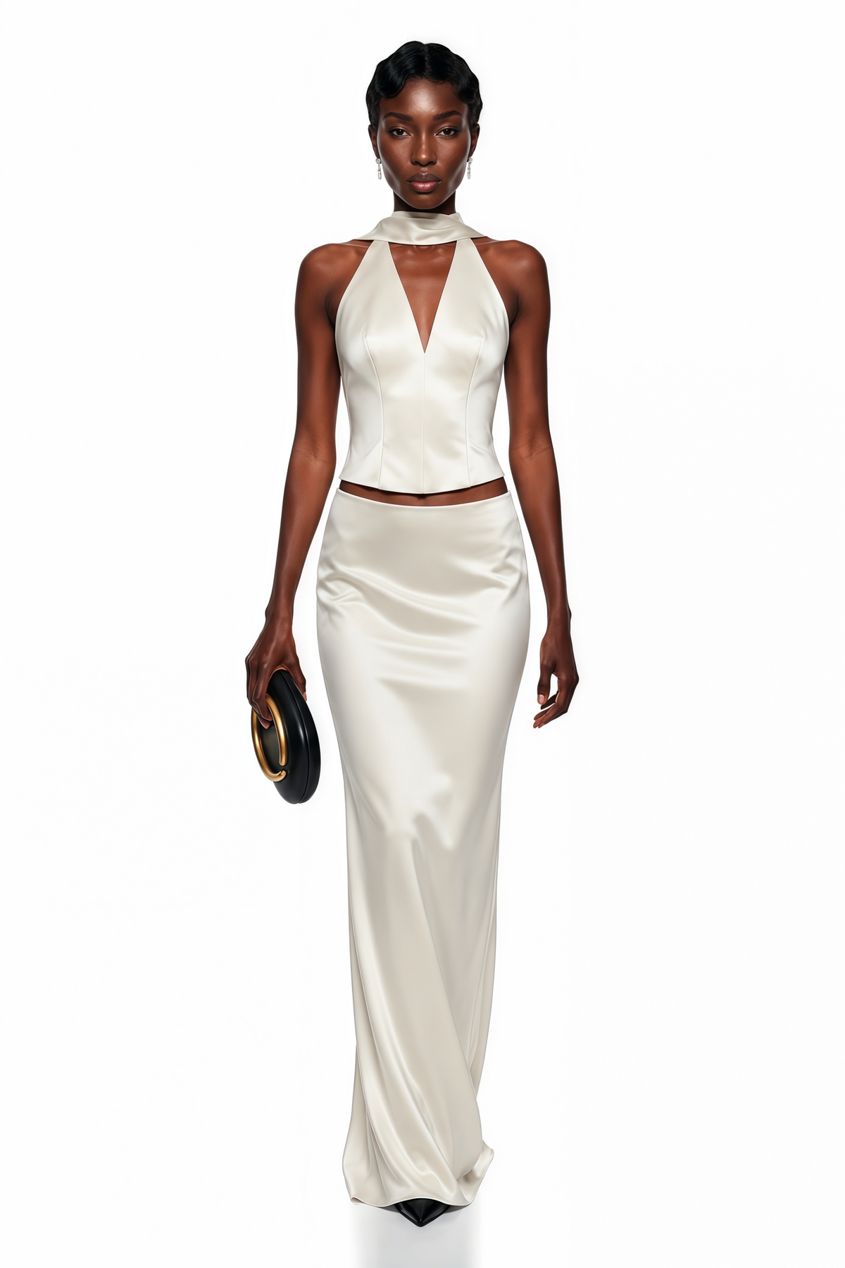 querubina ivory plunge neck satin top & skirt set