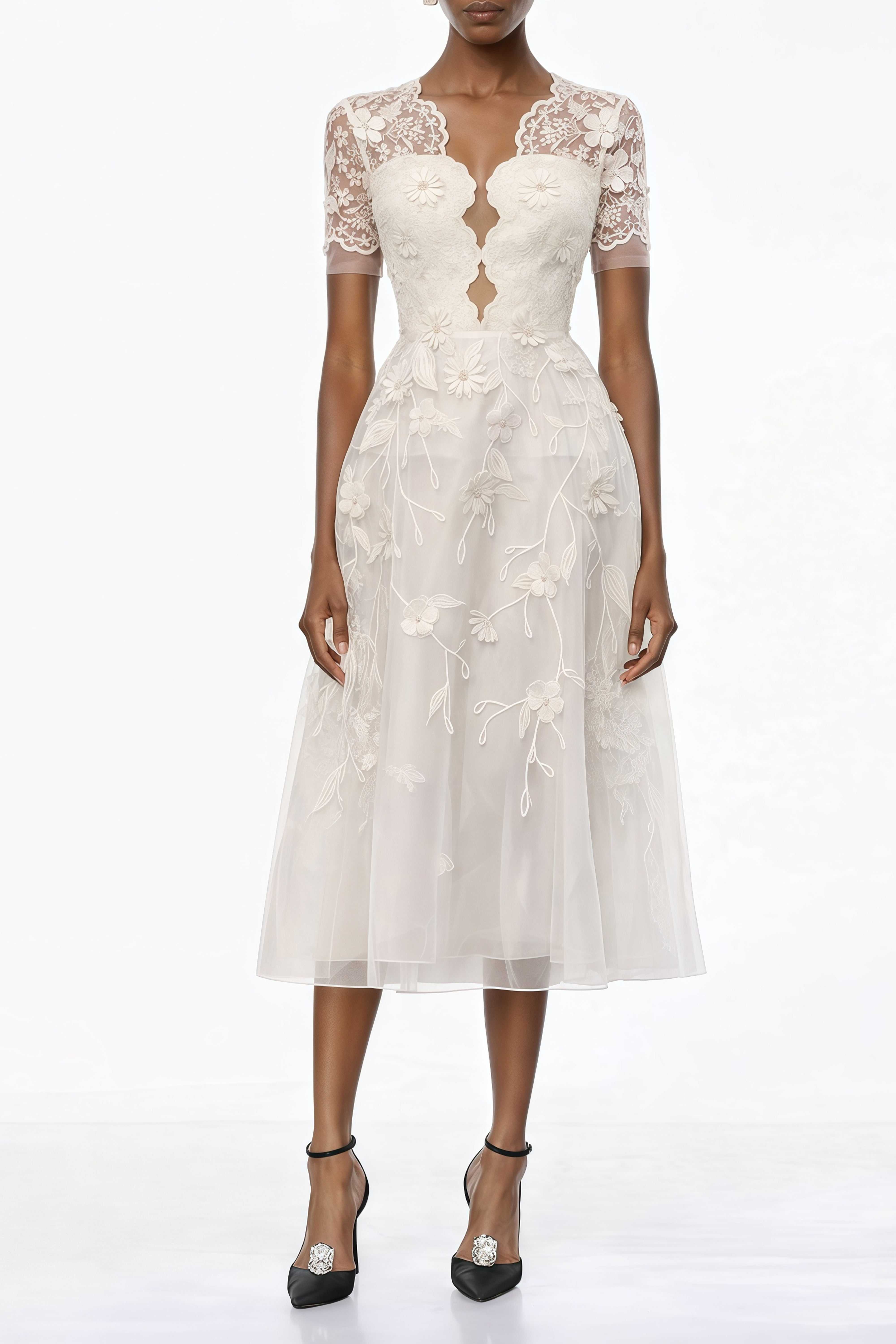 Quetz White Midi Dress with 3D Petals