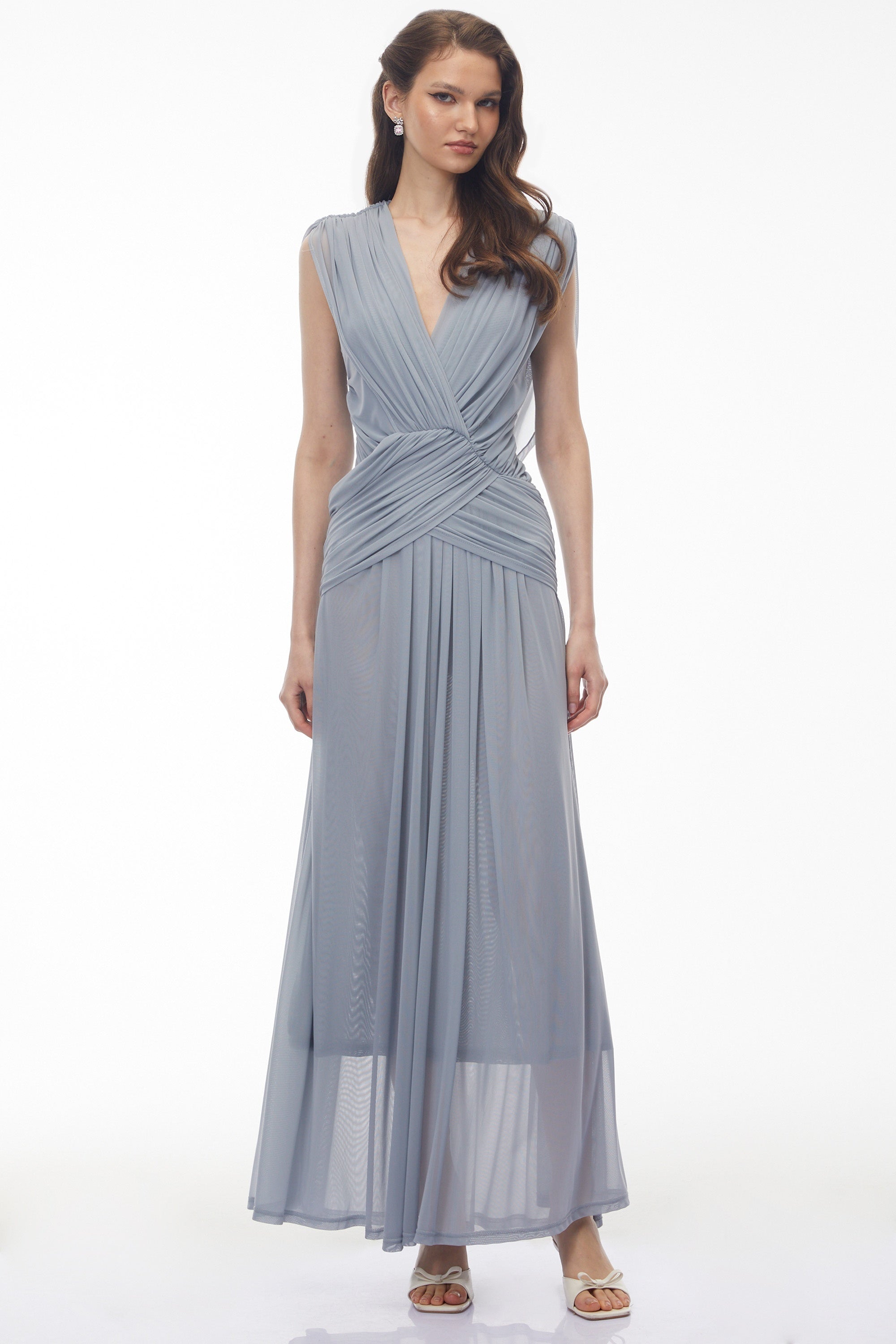 Quiana Slate Blue V-Neck Cross Front Ruched Maxi Dress