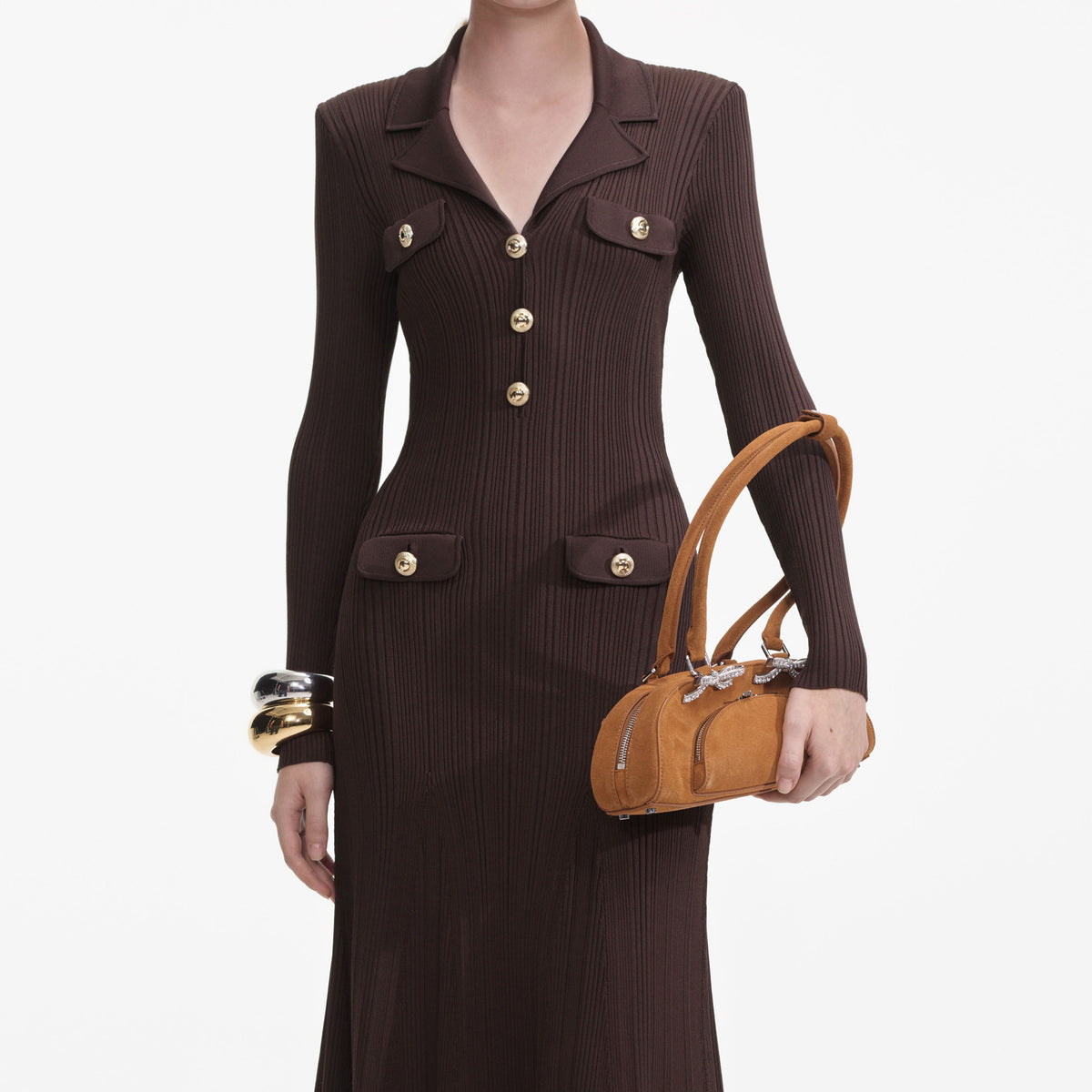 Angelina Brown Viscose Rib Knit Midi Dress