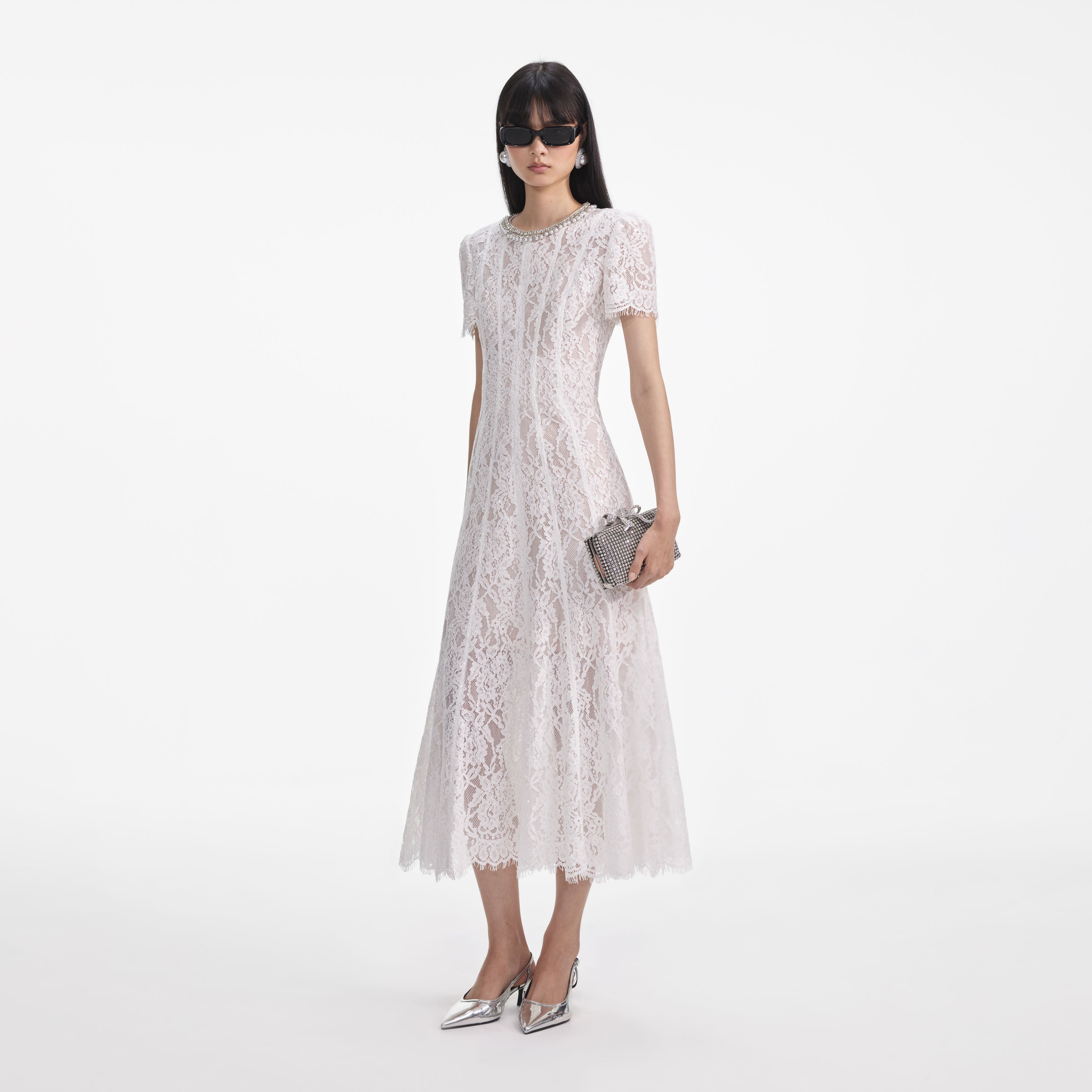 White Sequin Lace Midi Dress