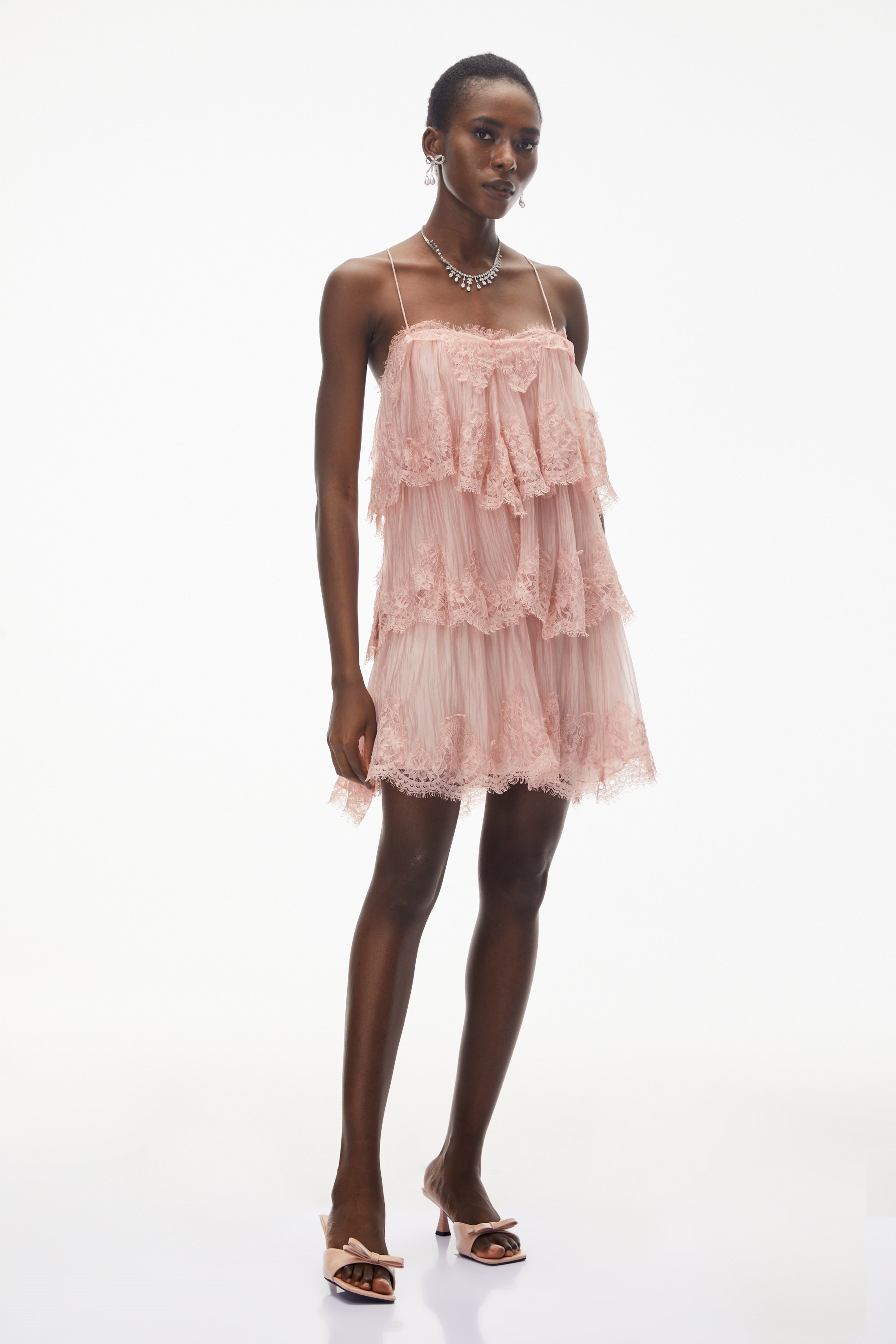 Rachel Pink Tiered Mini Dress with Lace Trim