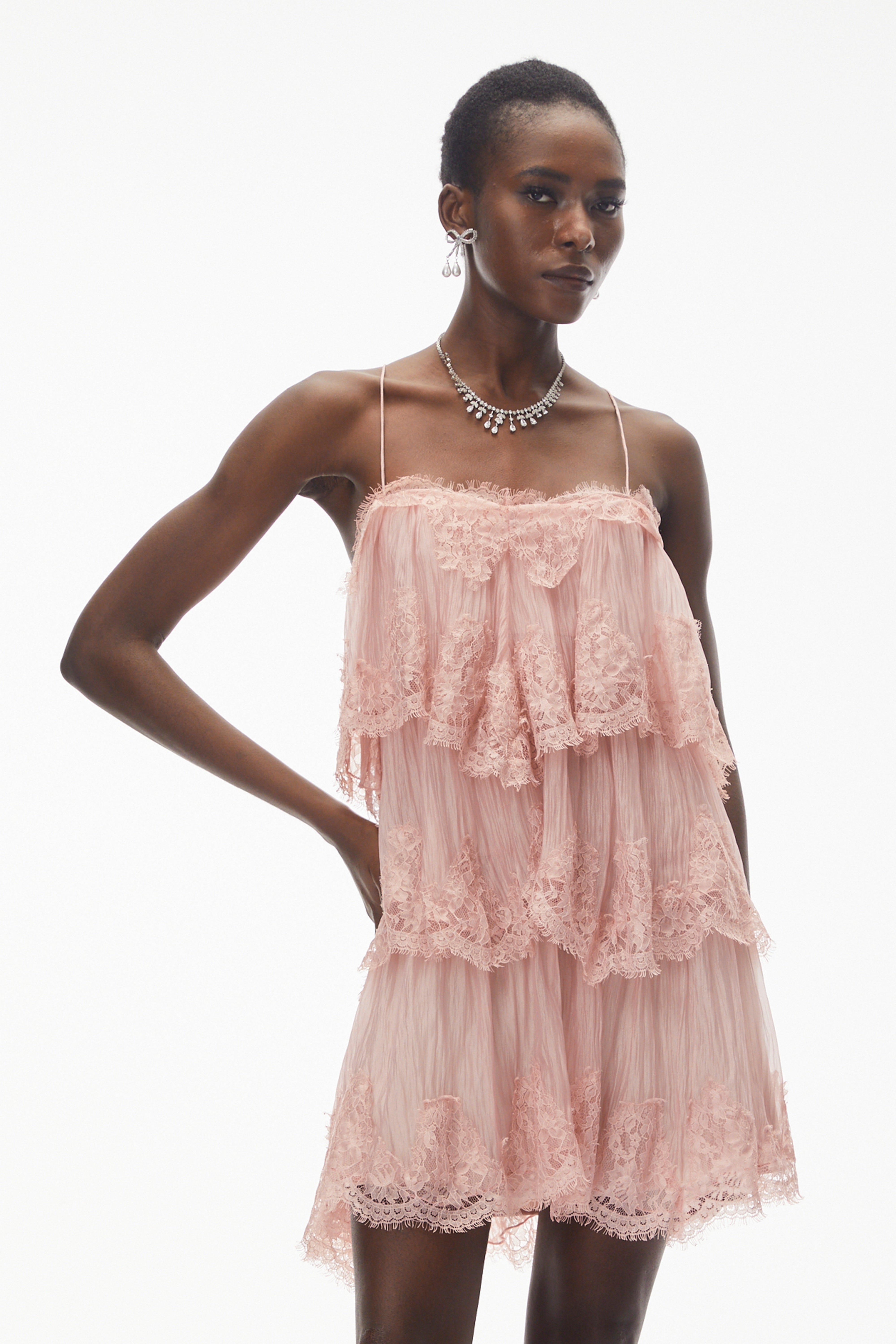 Rachel Pink Tiered Mini Dress with Lace Trim