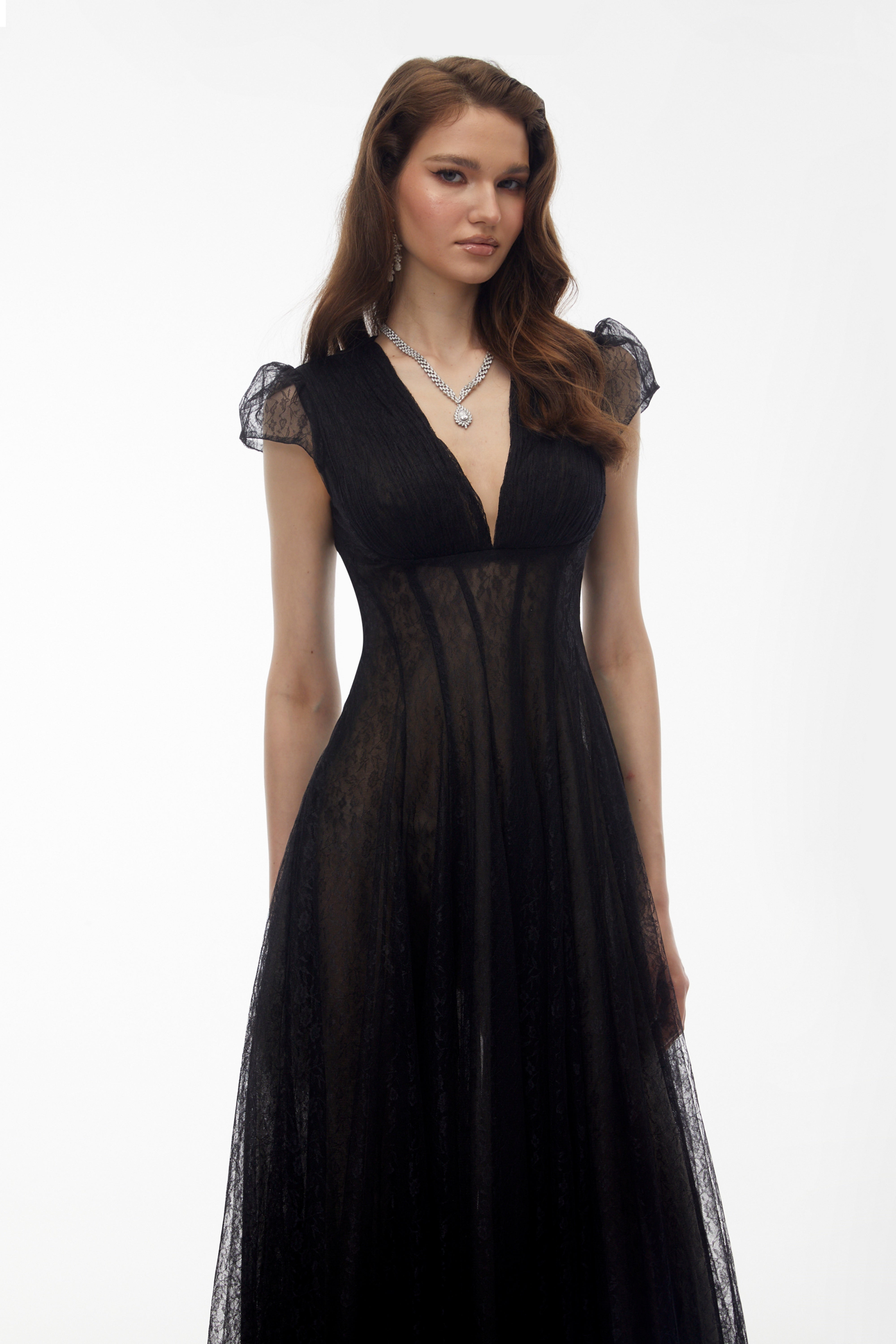 Radiya Black Floral Lace Pleated Maxi Dress