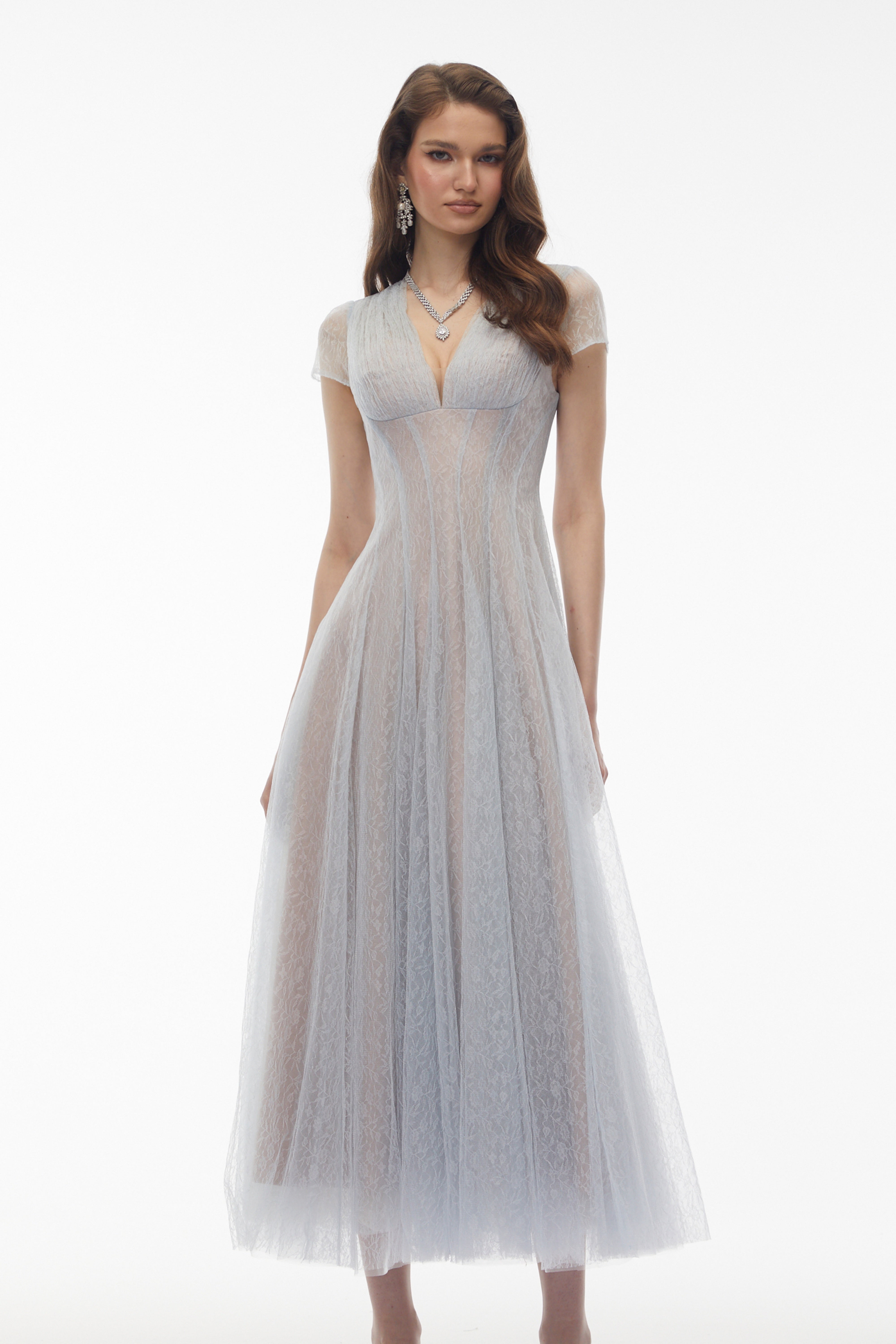 Radiya Blue Floral Lace Pleated Maxi Dress (Final Sale-US Only)