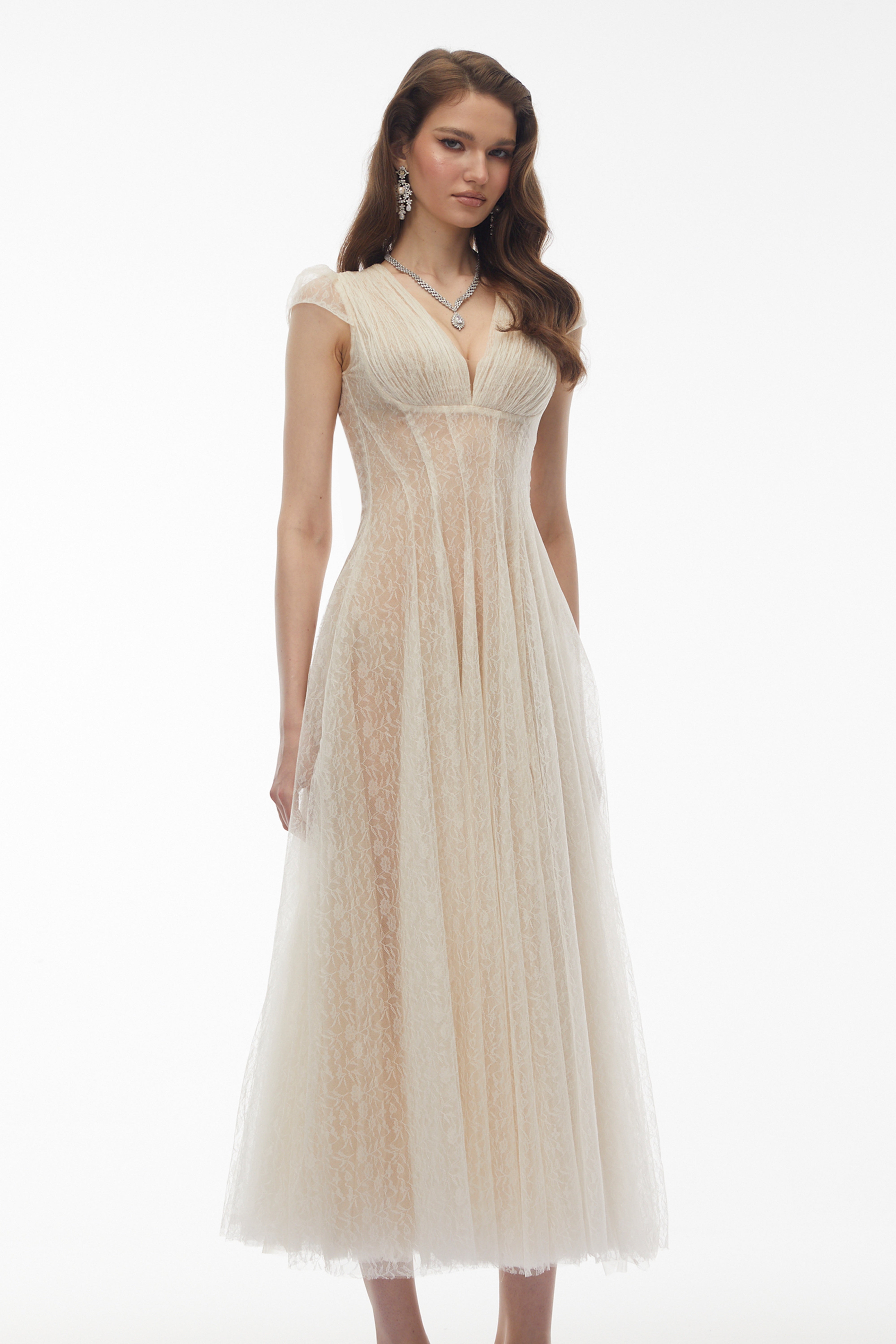 Radiya Cream White Floral Lace Pleated Maxi Dress