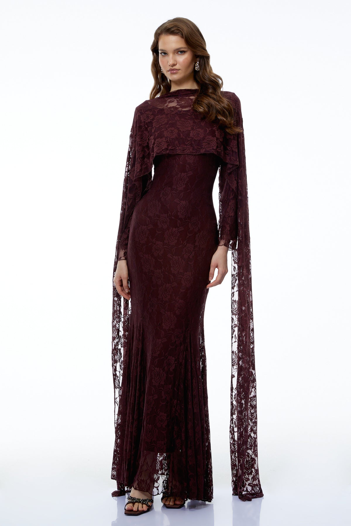Rafaela Reddish Brown Floral Maxi Dress with Cape
