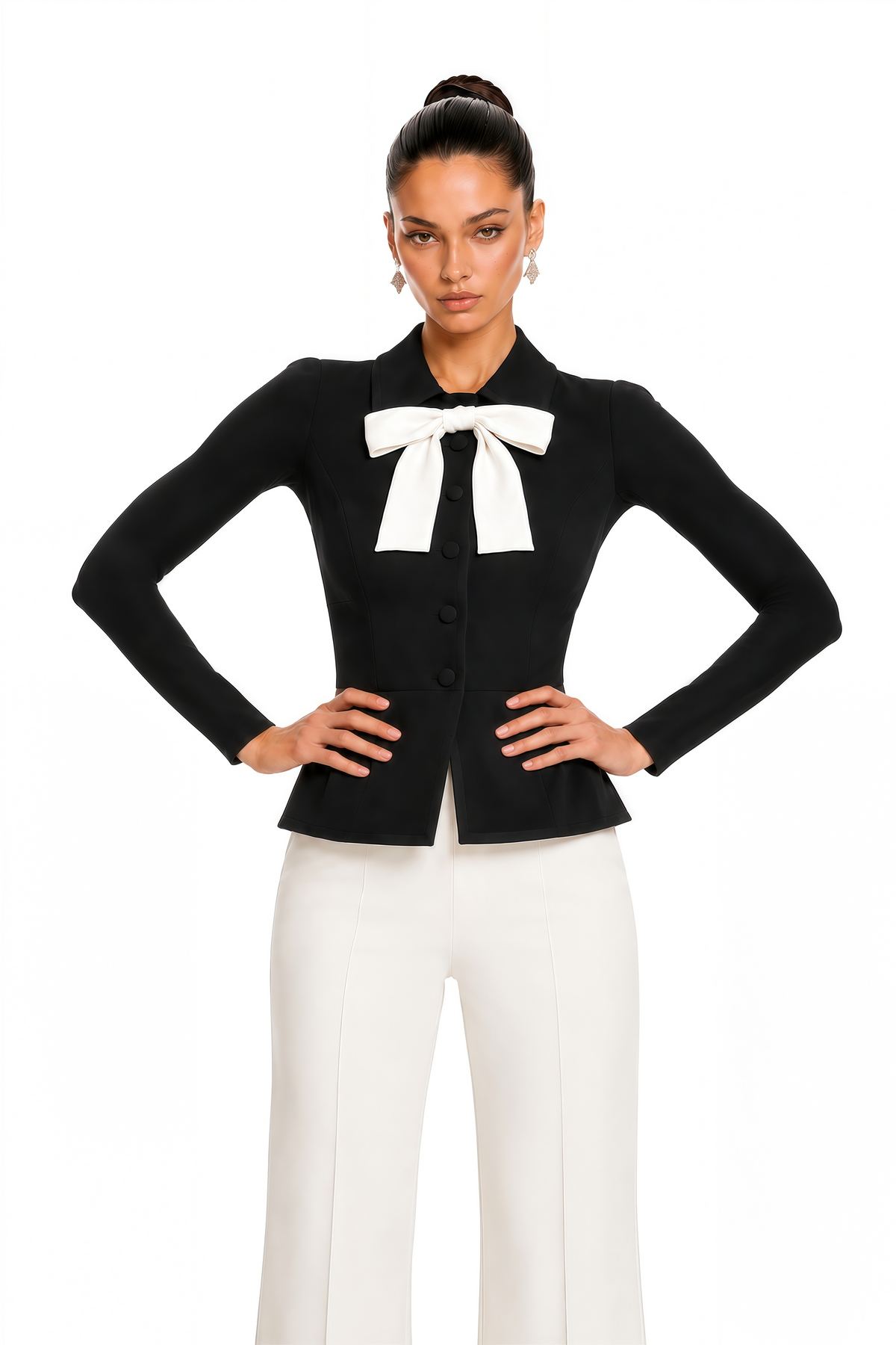 raina black contrast bow collar cropped blazer