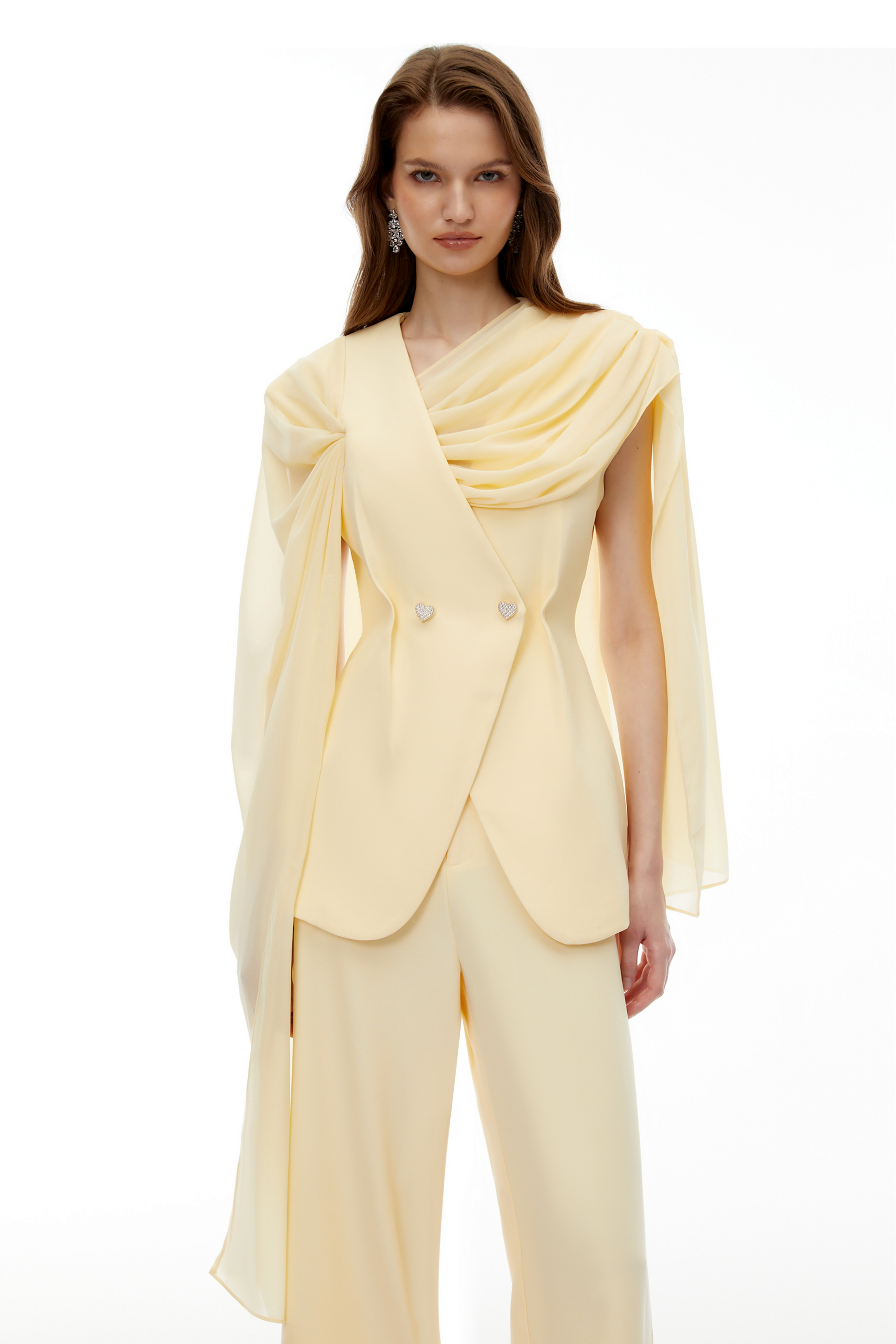 Raisa Yellow Draped Cape Top & Trousers Set