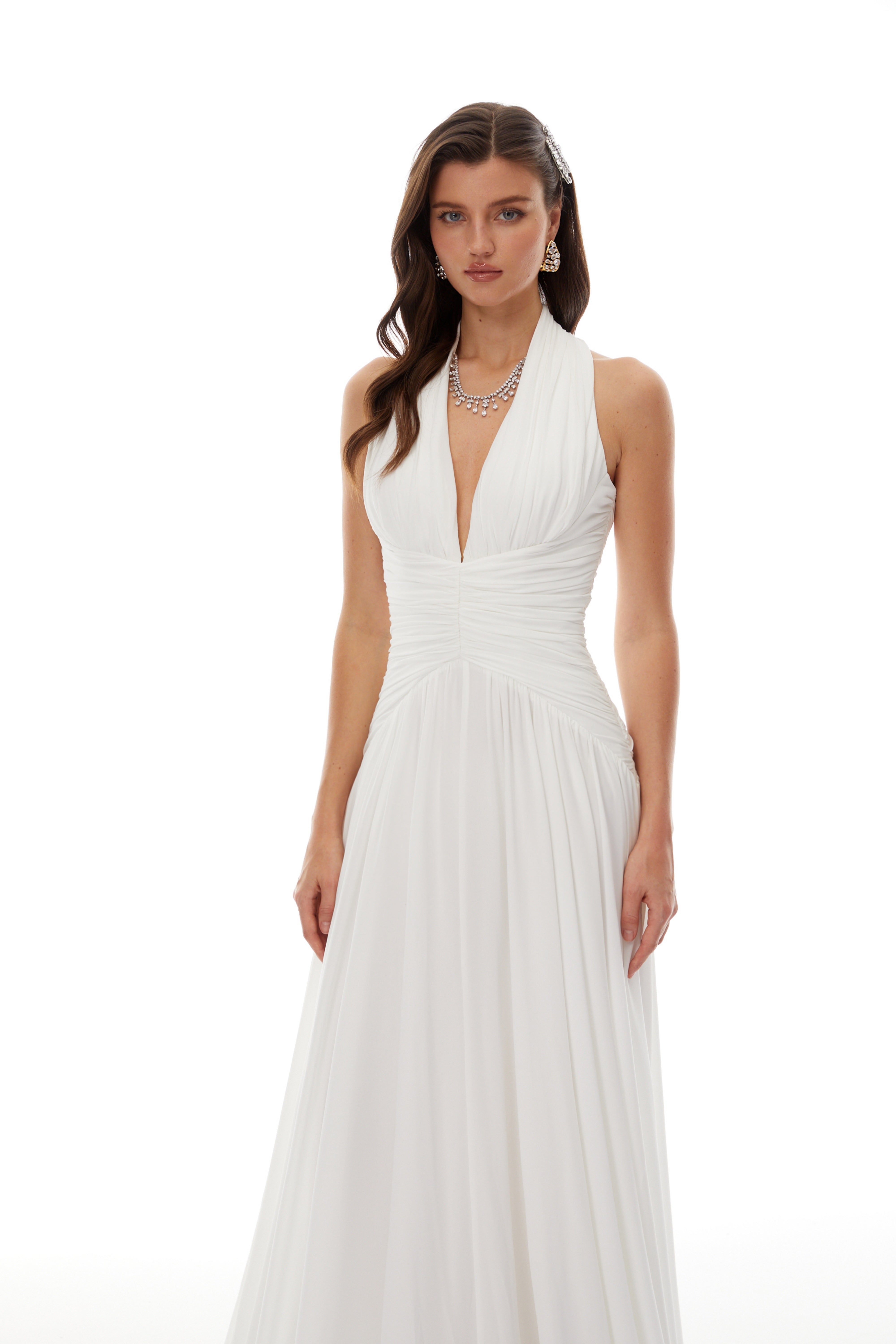 Ramona White Feather Hem Gathered Maxi Dress (Final Sale-US Only)