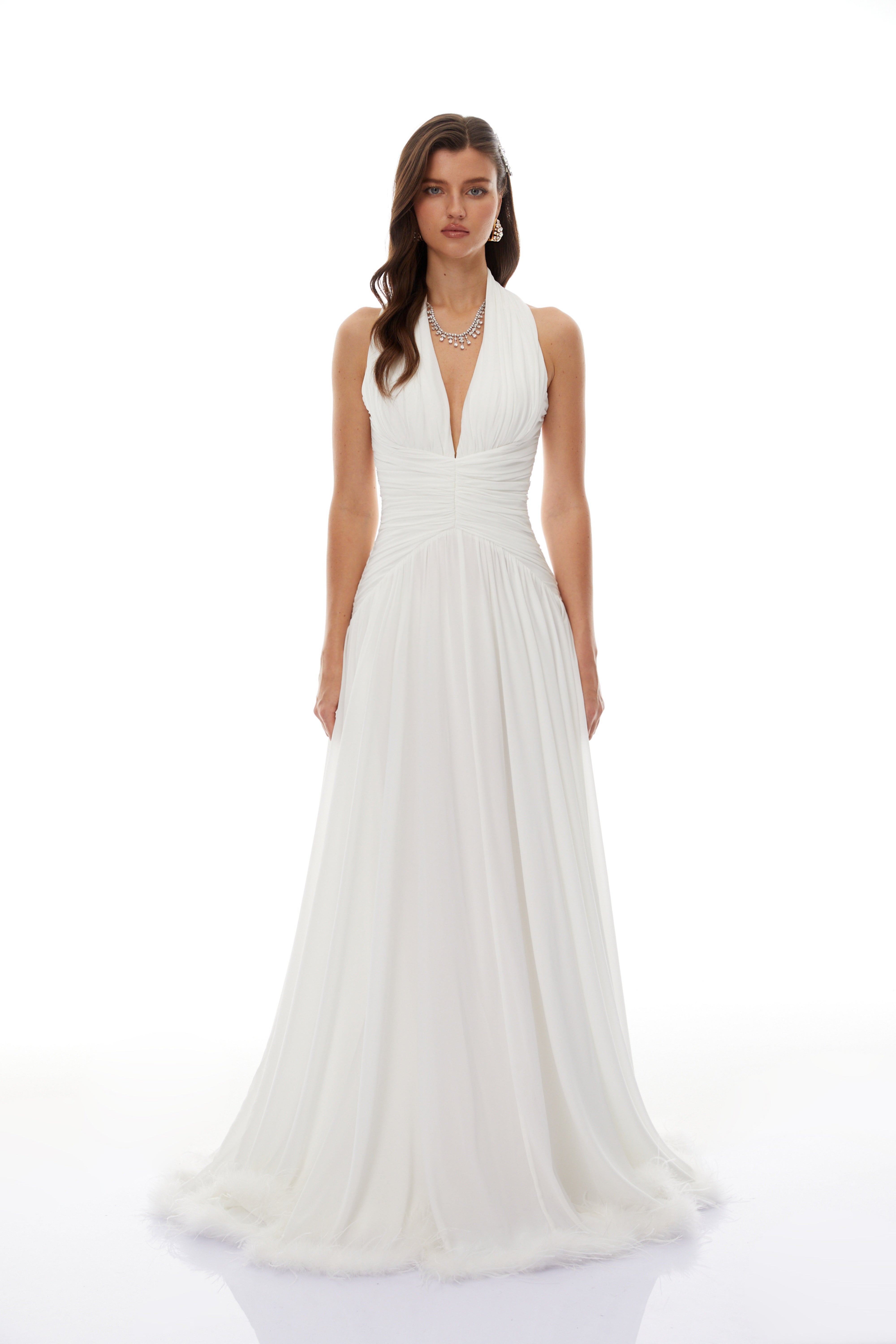 Ramona White Feather Hem Gathered Maxi Dress (Final Sale-US Only)