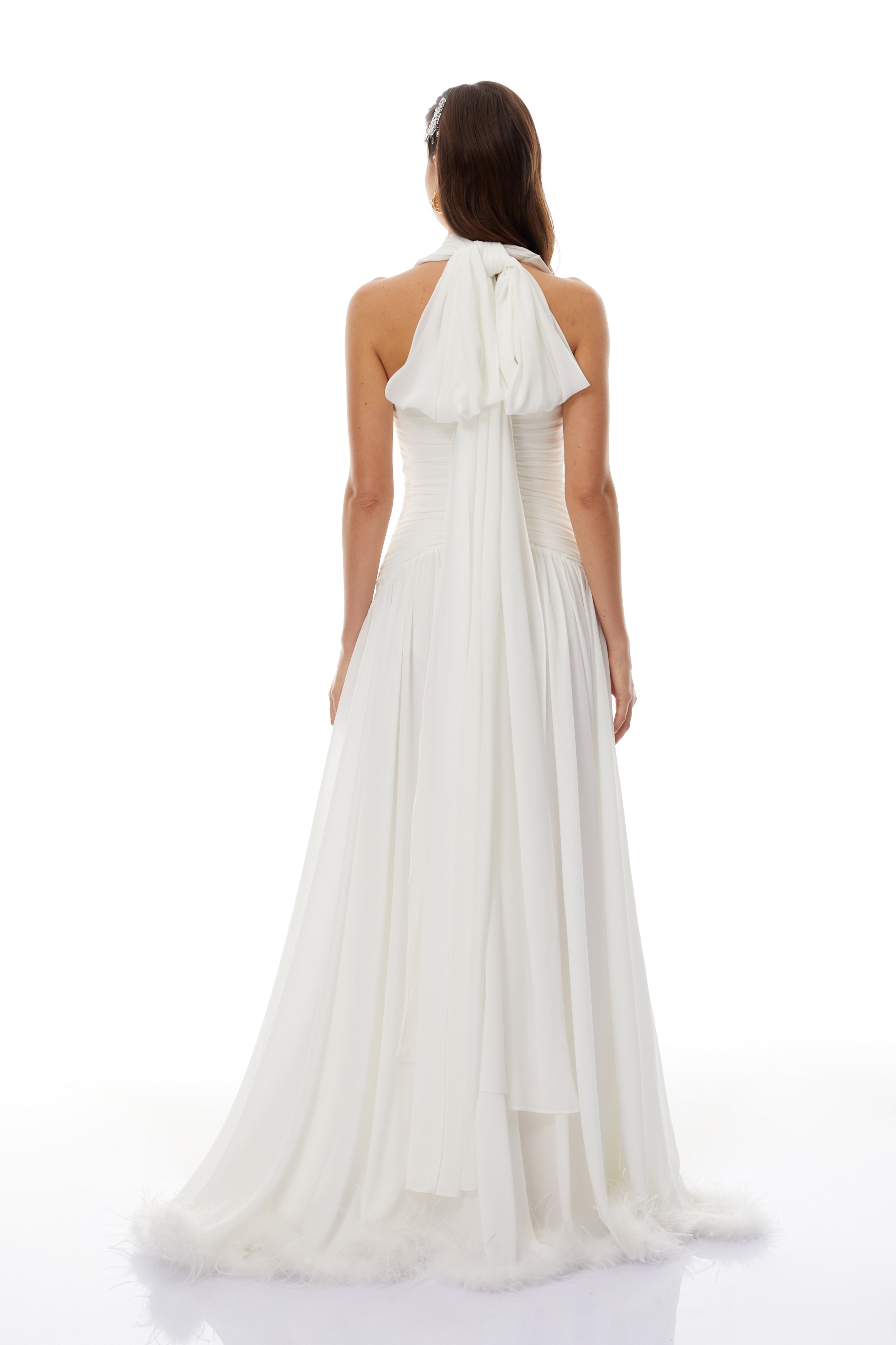 Ramona White Feather Hem Gathered Maxi Dress (Final Sale-US Only)