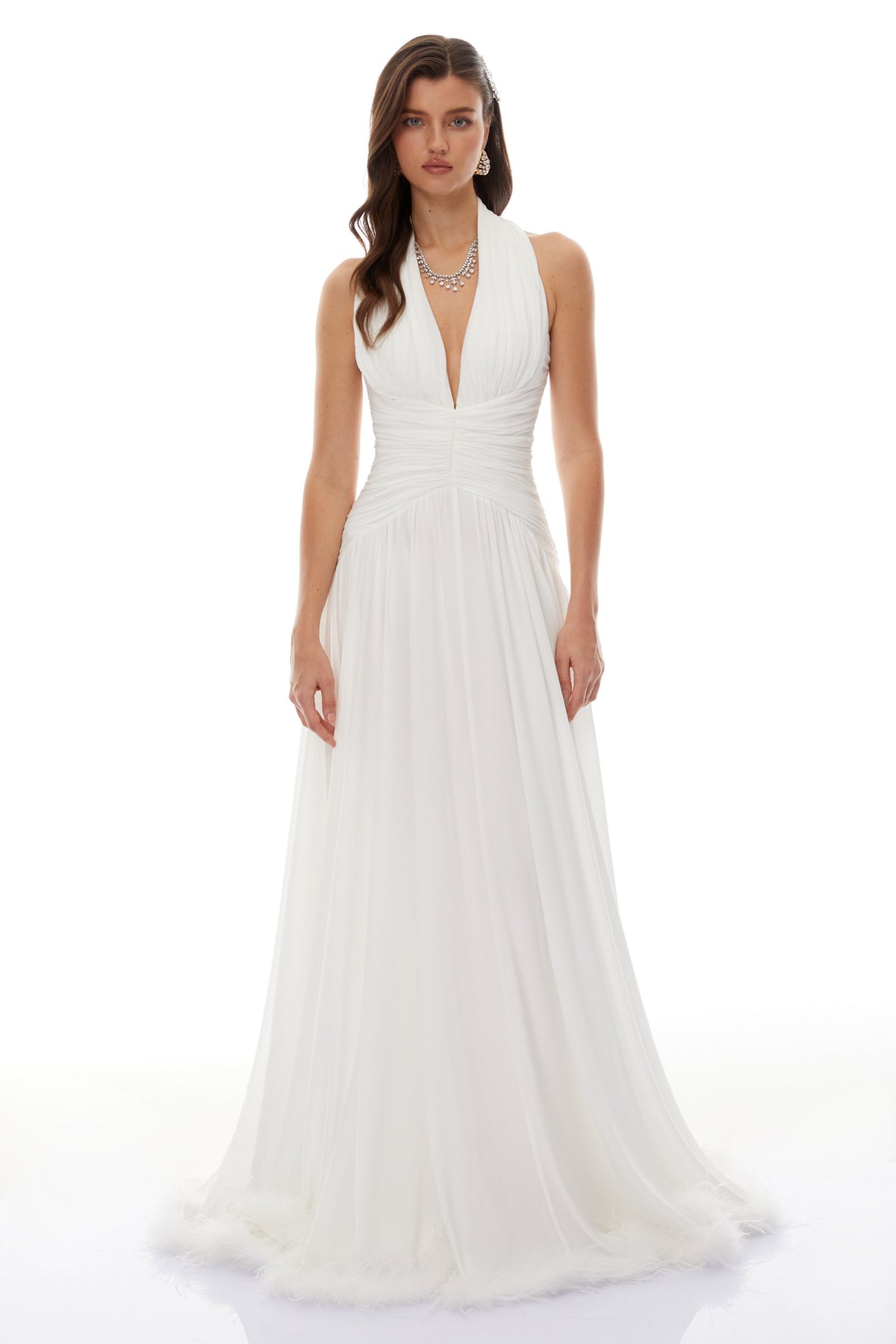 Ramona White Feather Hem Gathered Maxi Dress (Final Sale-US Only)