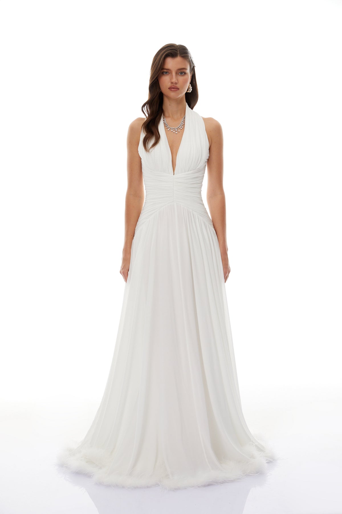 Ramona White Feather Hem Gathered Maxi Dress