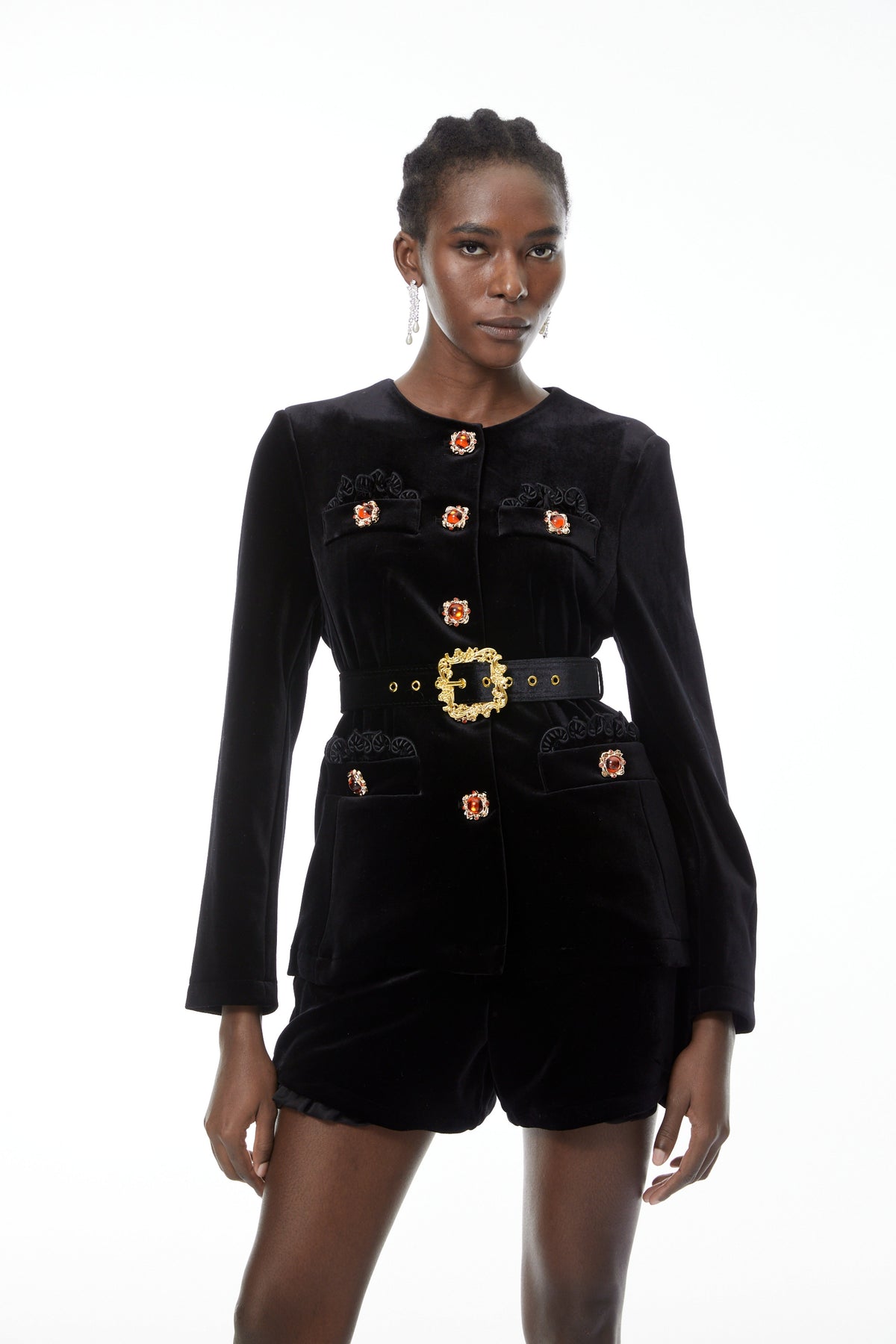 Reese Black Embellished Velvet Blazer & Shorts Set