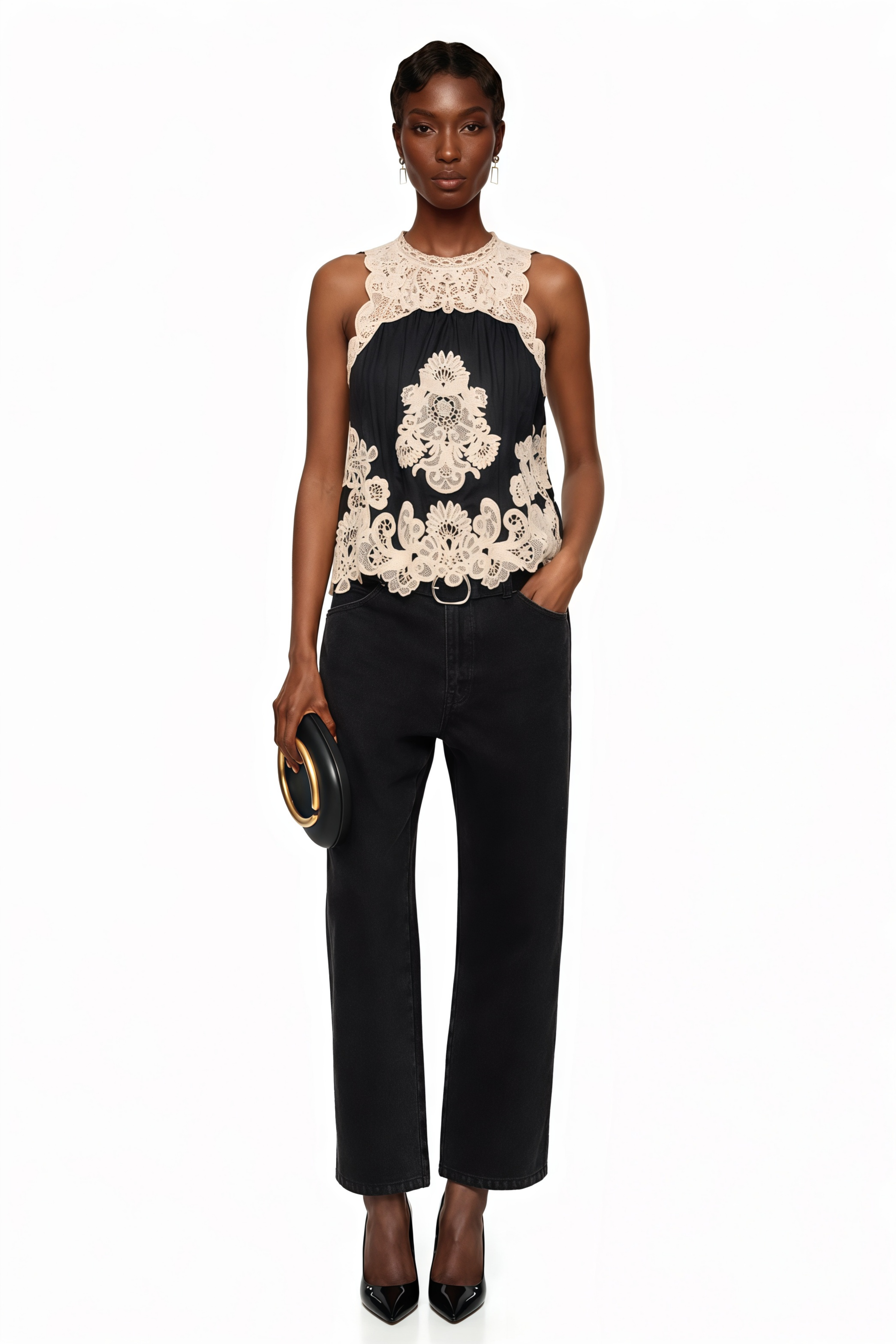 Renata Black Sleeveless Lace Panel Top