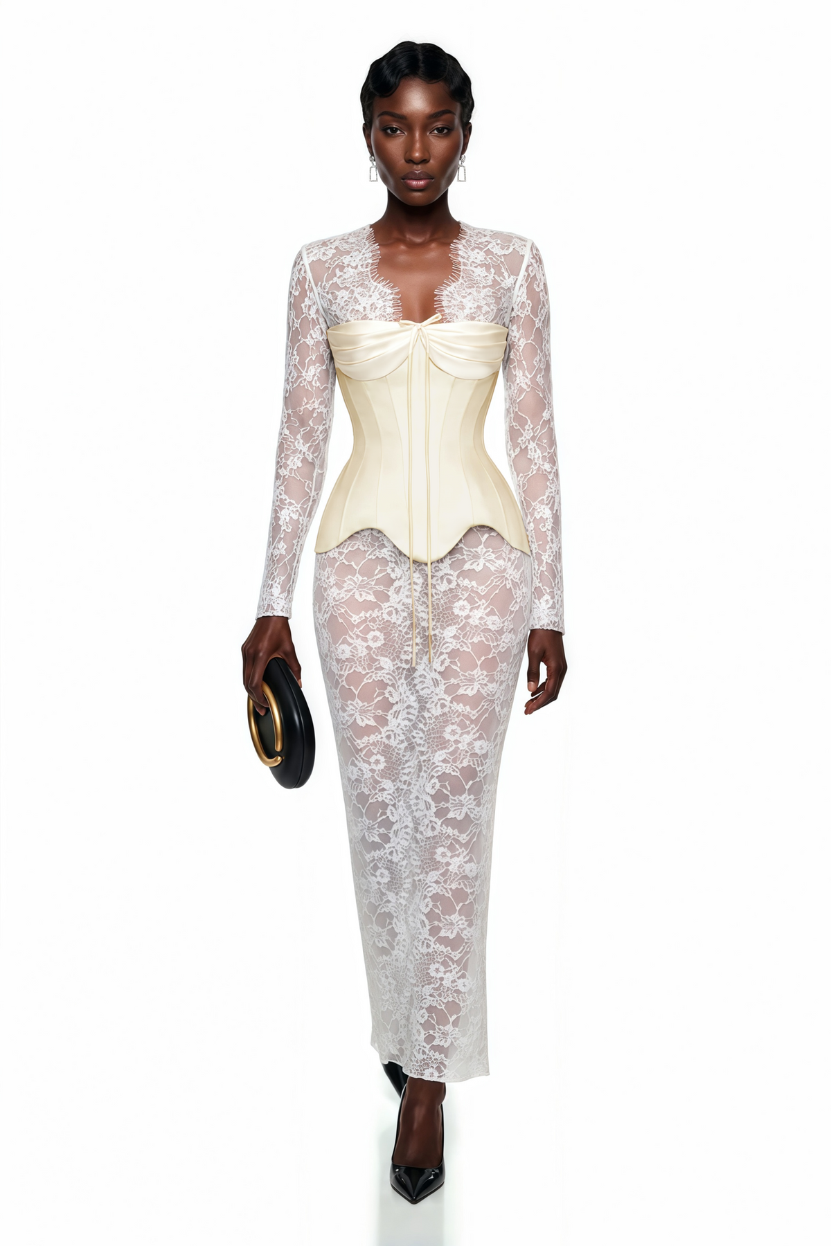 Renata White Ruched Top & Semi Sheer Lace Maxi Dress Set