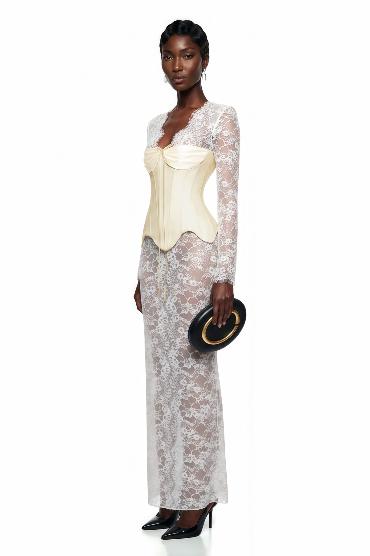 Renata White Ruched Top & Semi Sheer Lace Maxi Dress Set