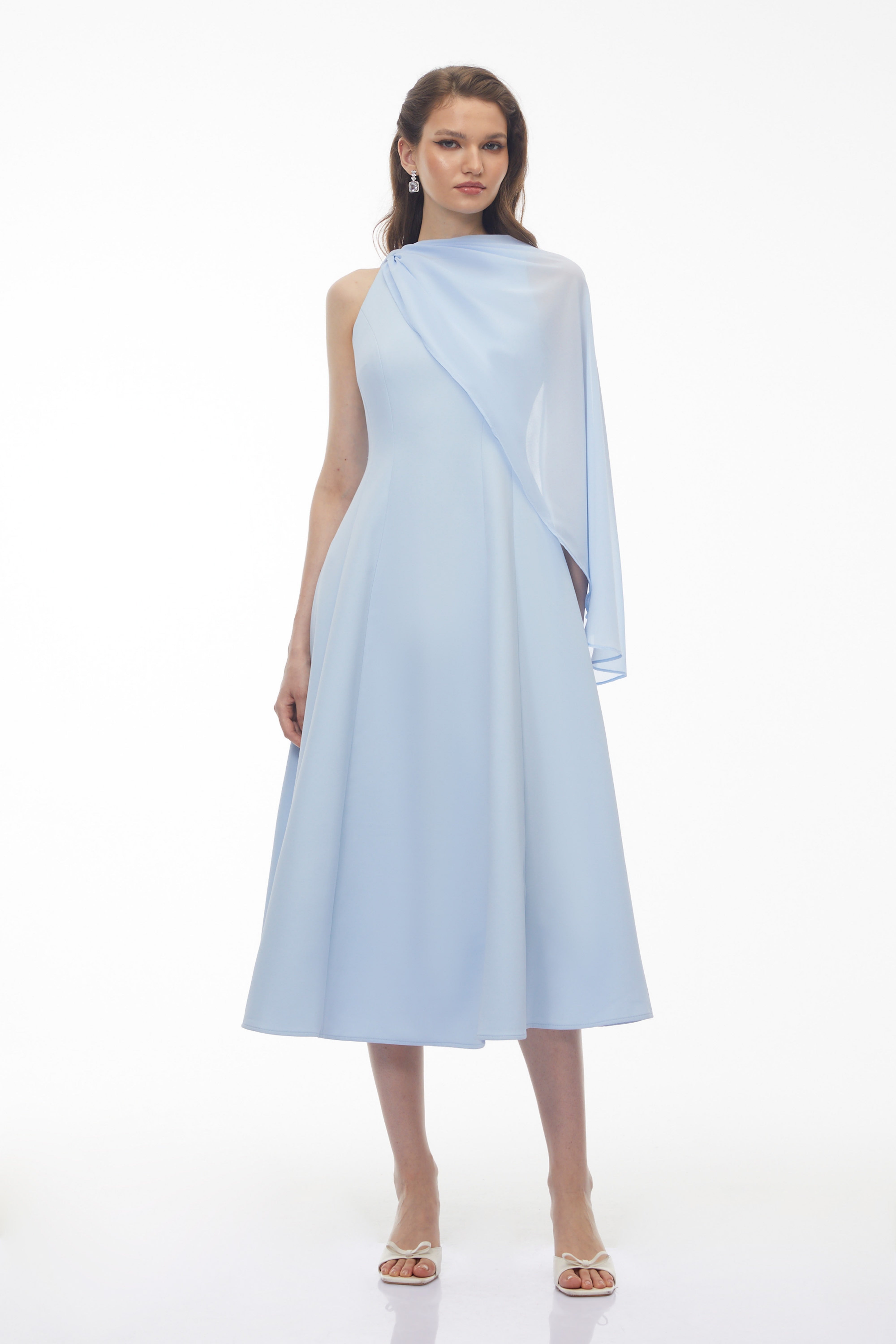Renee Baby Blue Sleeveless Midi Dress with Draped Cape